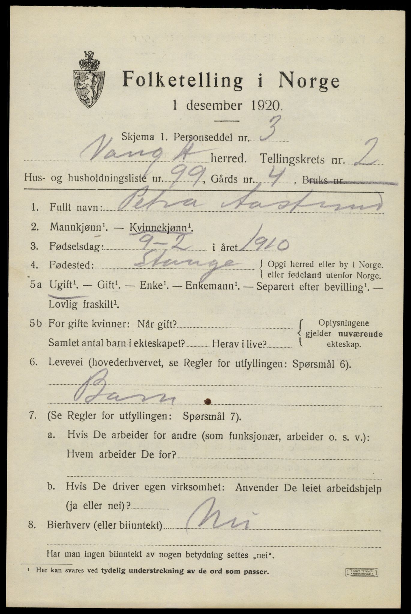 SAH, 1920 census for Vang (Hedmark), 1920, p. 7781