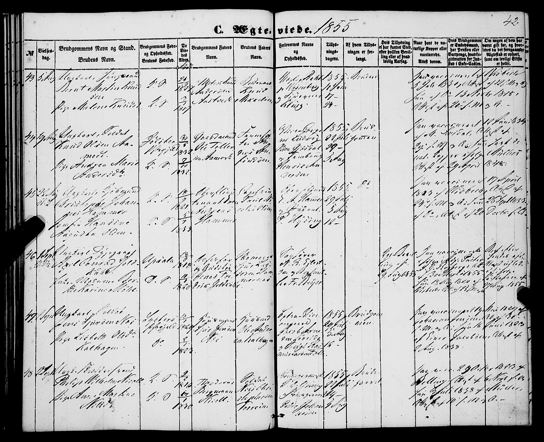 Korskirken sokneprestembete, AV/SAB-A-76101/H/Haa/L0035: Parish register (official) no. D 2, 1852-1867, p. 42