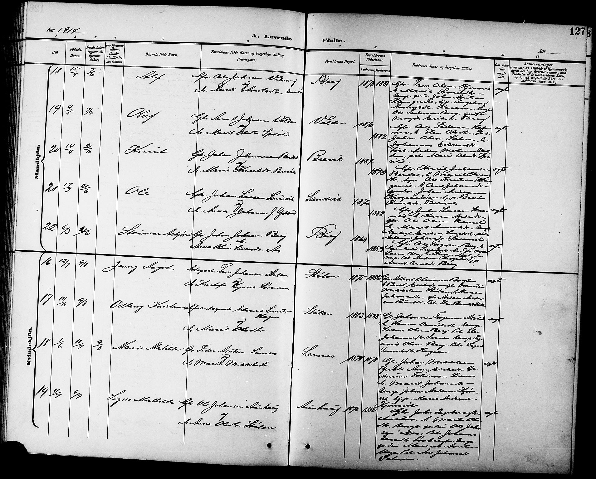 Ministerialprotokoller, klokkerbøker og fødselsregistre - Sør-Trøndelag, SAT/A-1456/630/L0505: Parish register (copy) no. 630C03, 1899-1914, p. 127