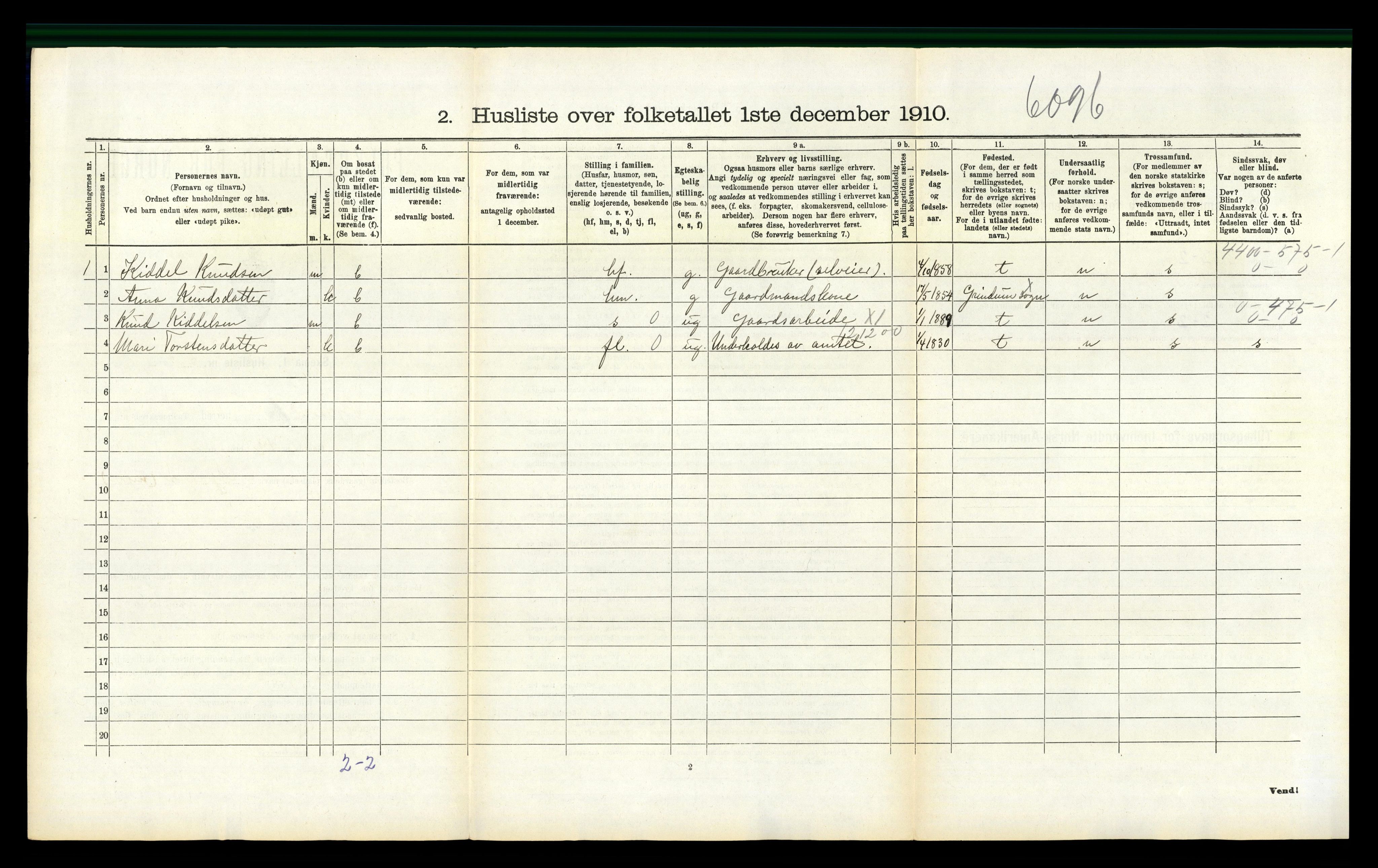 RA, 1910 census for Bjelland, 1910, p. 295