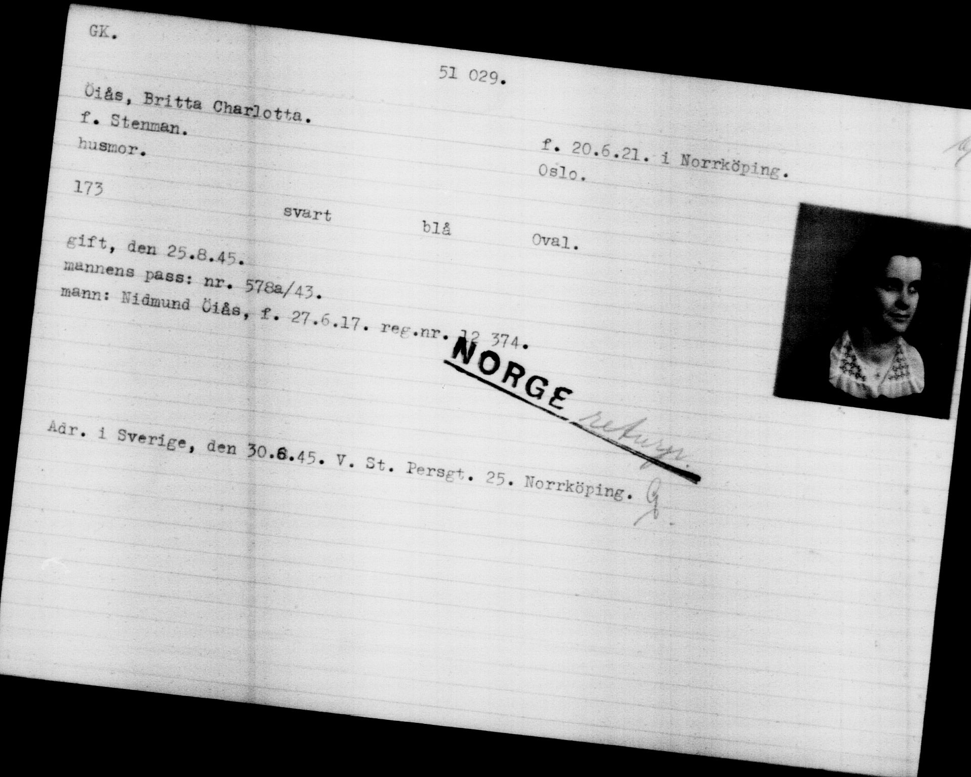 Utenriksstasjonene, Legasjonen i Stockholm, Flyktningkontoret, AV/RA-S-6753/V/Va/L0019: Kjesäterkartoteket, flyktninger med registreringsnr. 49600-55060, 1940-1945, p. 1452