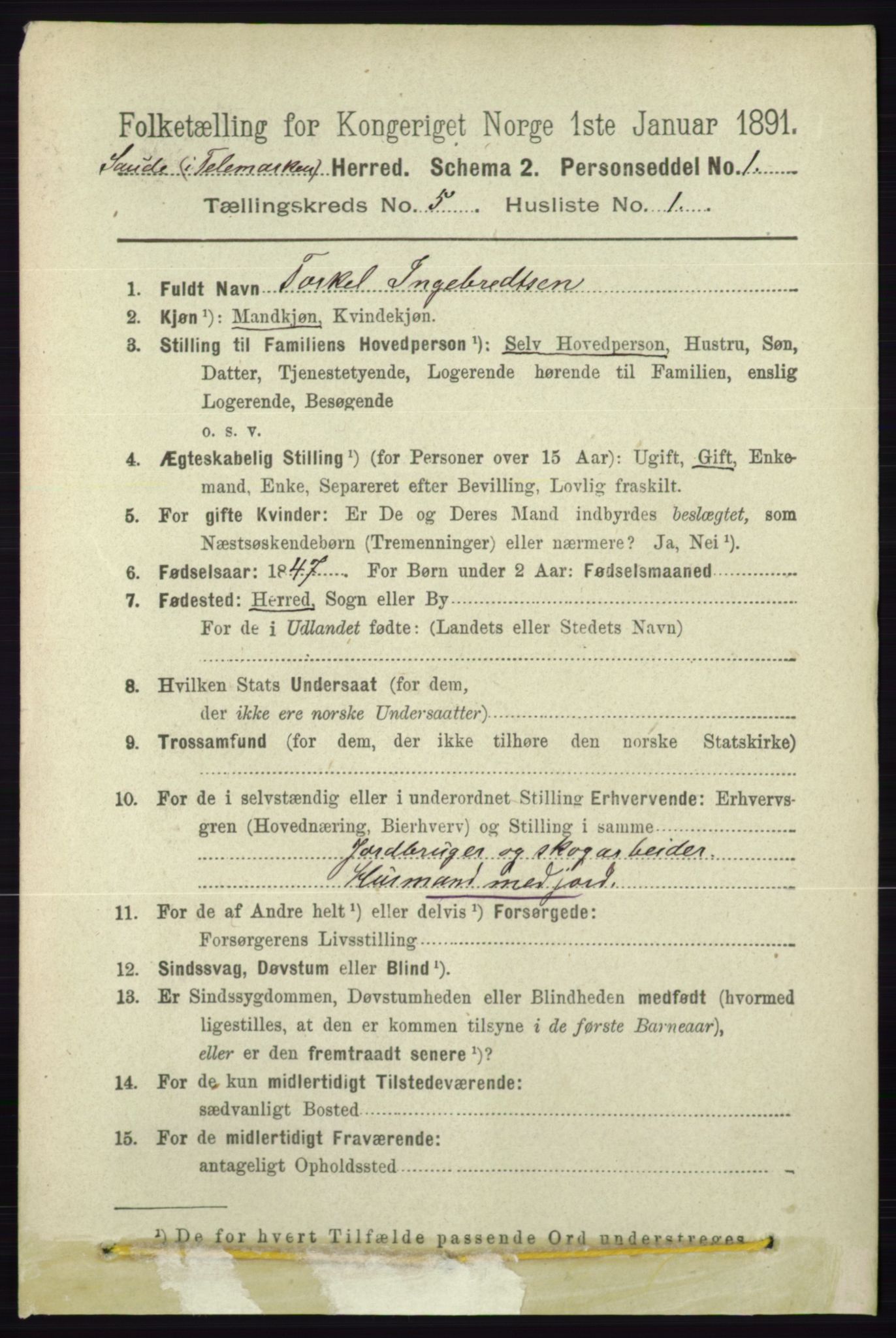 RA, 1891 census for 0822 Sauherad, 1891, p. 1425