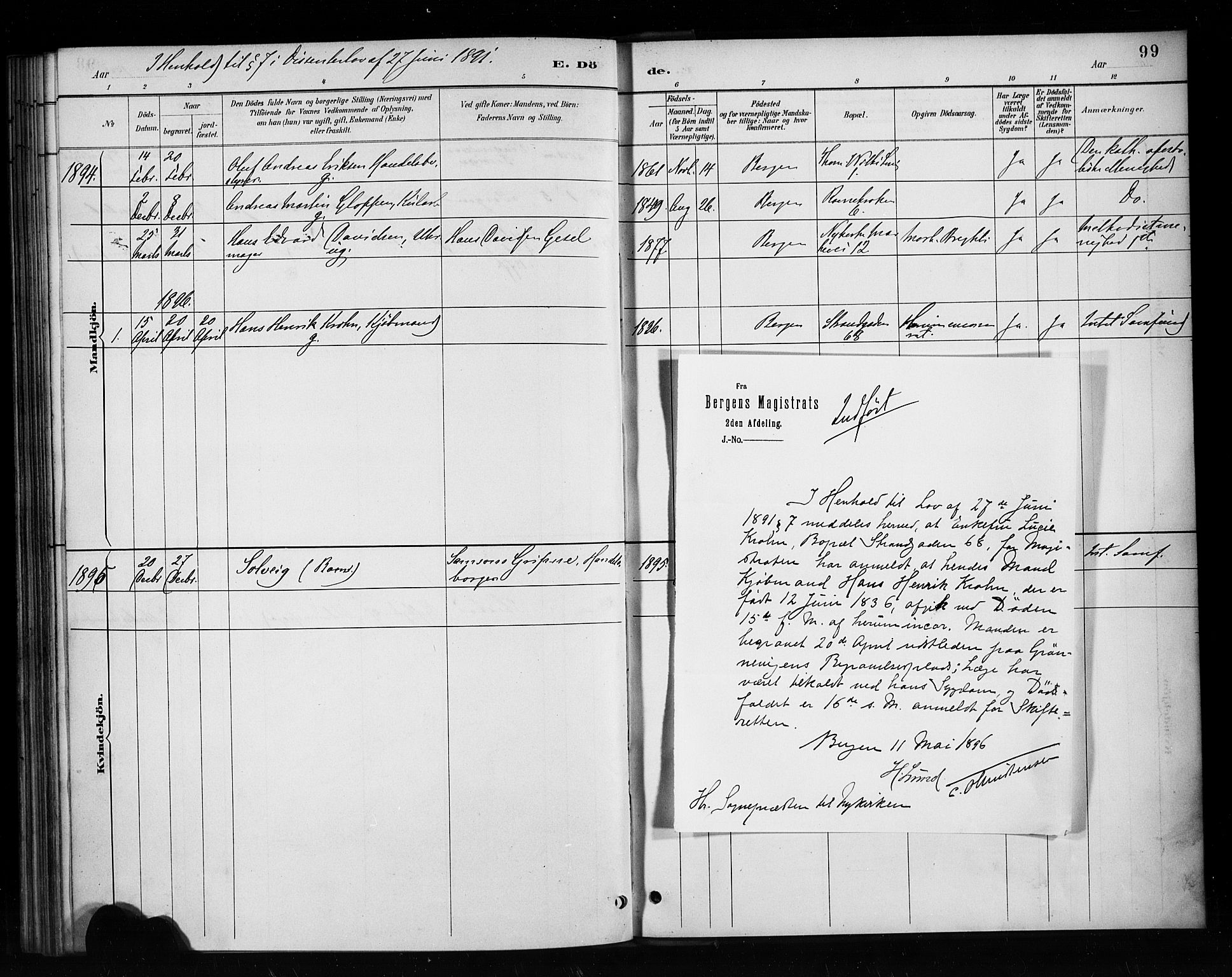 Nykirken Sokneprestembete, AV/SAB-A-77101/H/Haa/L0053: Parish register (official) no. H 2, 1887-1897, p. 99