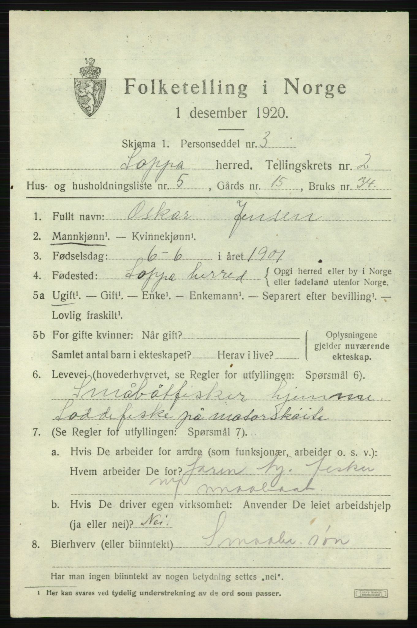 SATØ, 1920 census for Loppa, 1920, p. 860