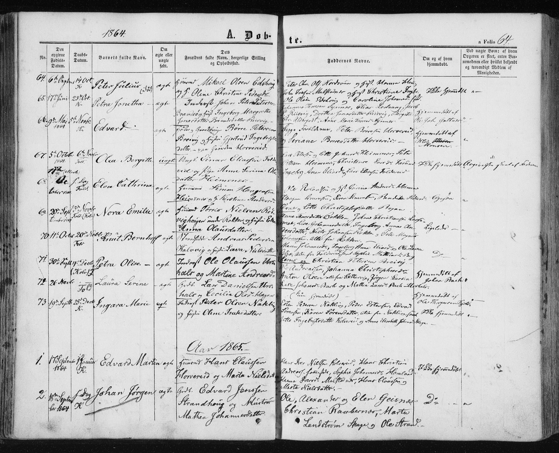 Ministerialprotokoller, klokkerbøker og fødselsregistre - Nord-Trøndelag, SAT/A-1458/780/L0641: Parish register (official) no. 780A06, 1857-1874, p. 64