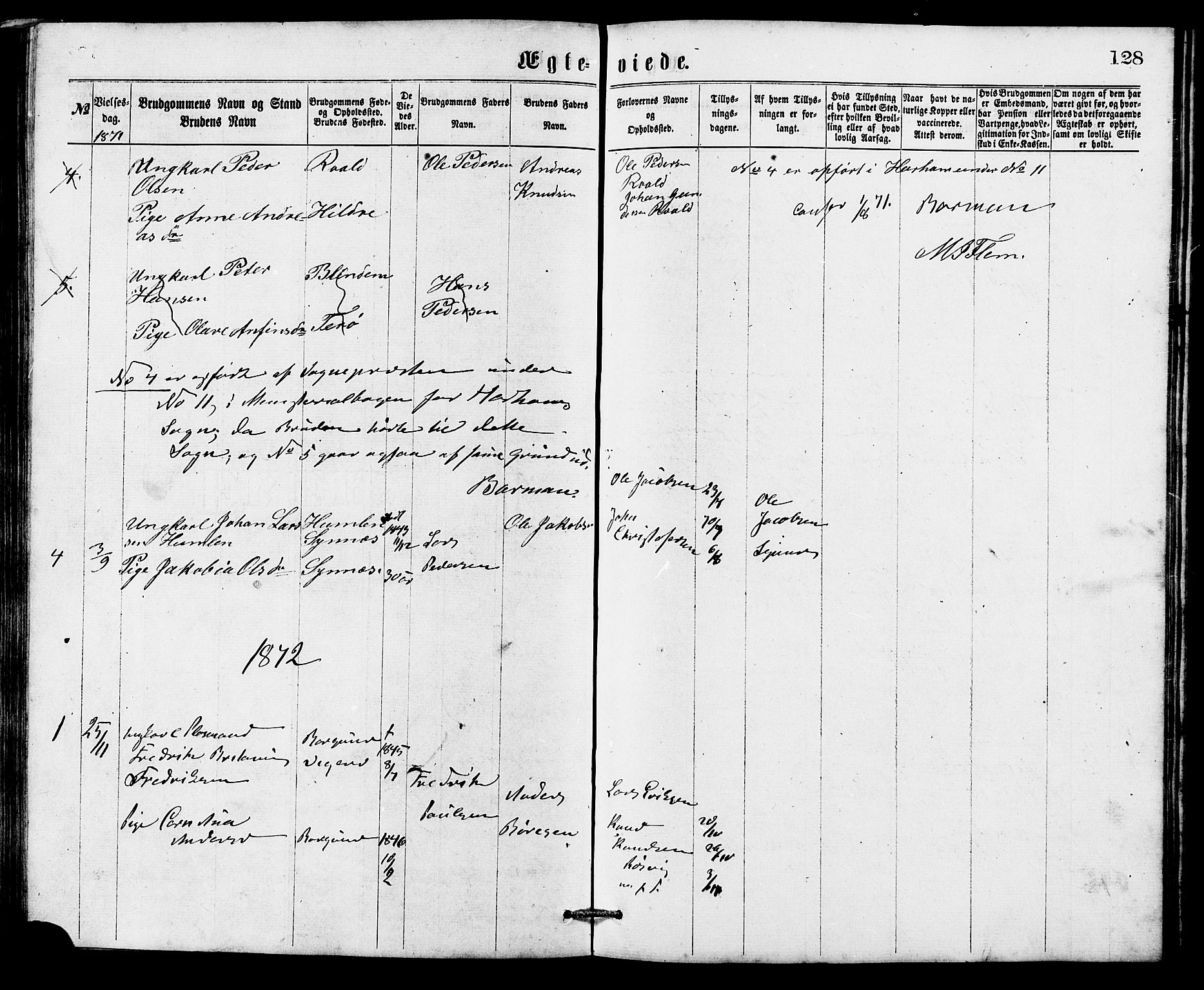 Ministerialprotokoller, klokkerbøker og fødselsregistre - Møre og Romsdal, SAT/A-1454/537/L0521: Parish register (copy) no. 537C02, 1869-1888, p. 128