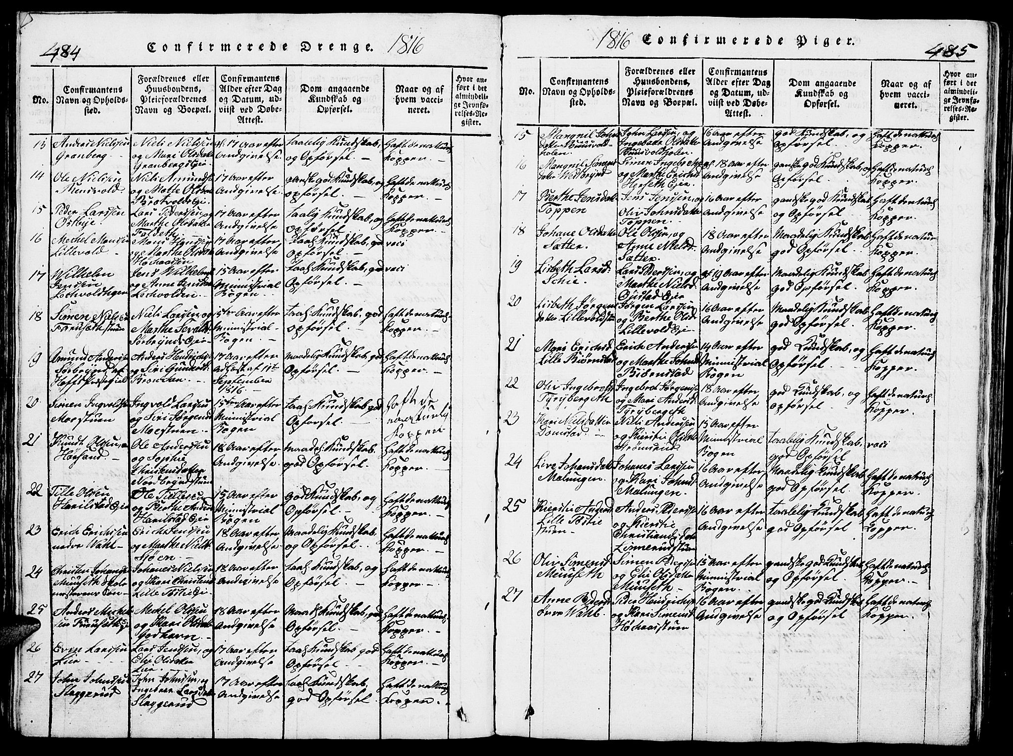 Romedal prestekontor, SAH/PREST-004/L/L0005: Parish register (copy) no. 5, 1814-1829, p. 484-485