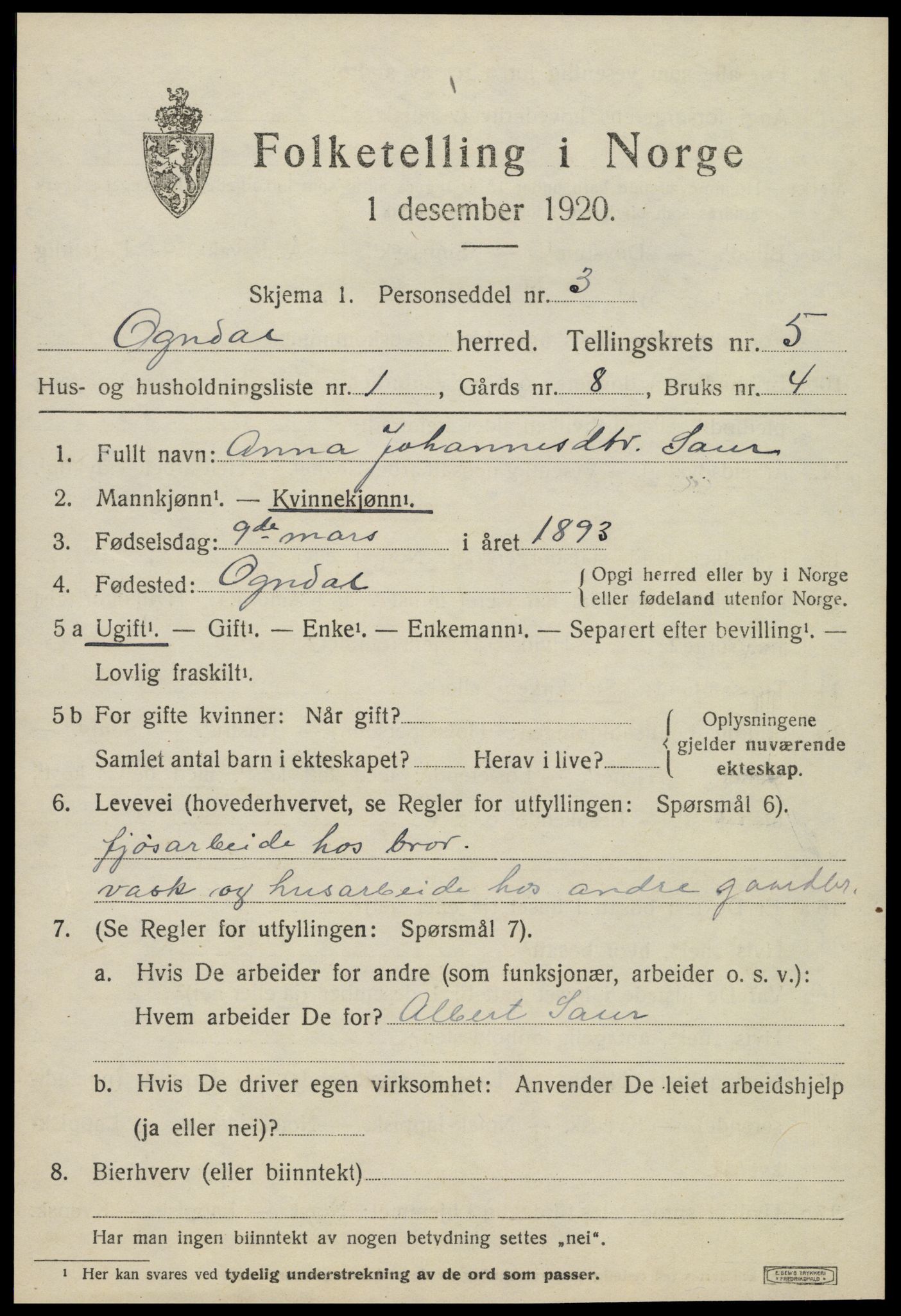 SAT, 1920 census for Ogndal, 1920, p. 1949