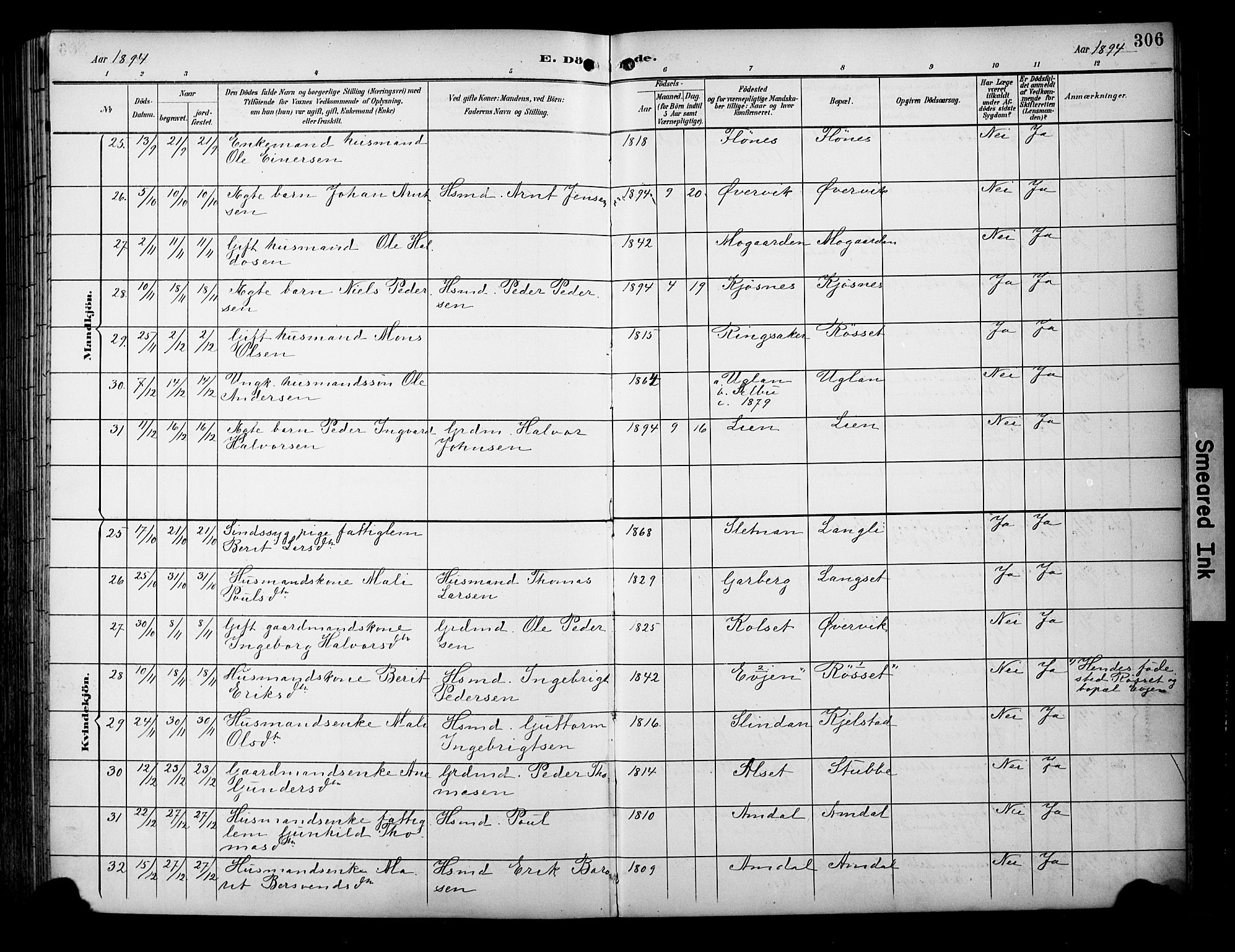 Ministerialprotokoller, klokkerbøker og fødselsregistre - Sør-Trøndelag, SAT/A-1456/695/L1149: Parish register (official) no. 695A09, 1891-1902, p. 306