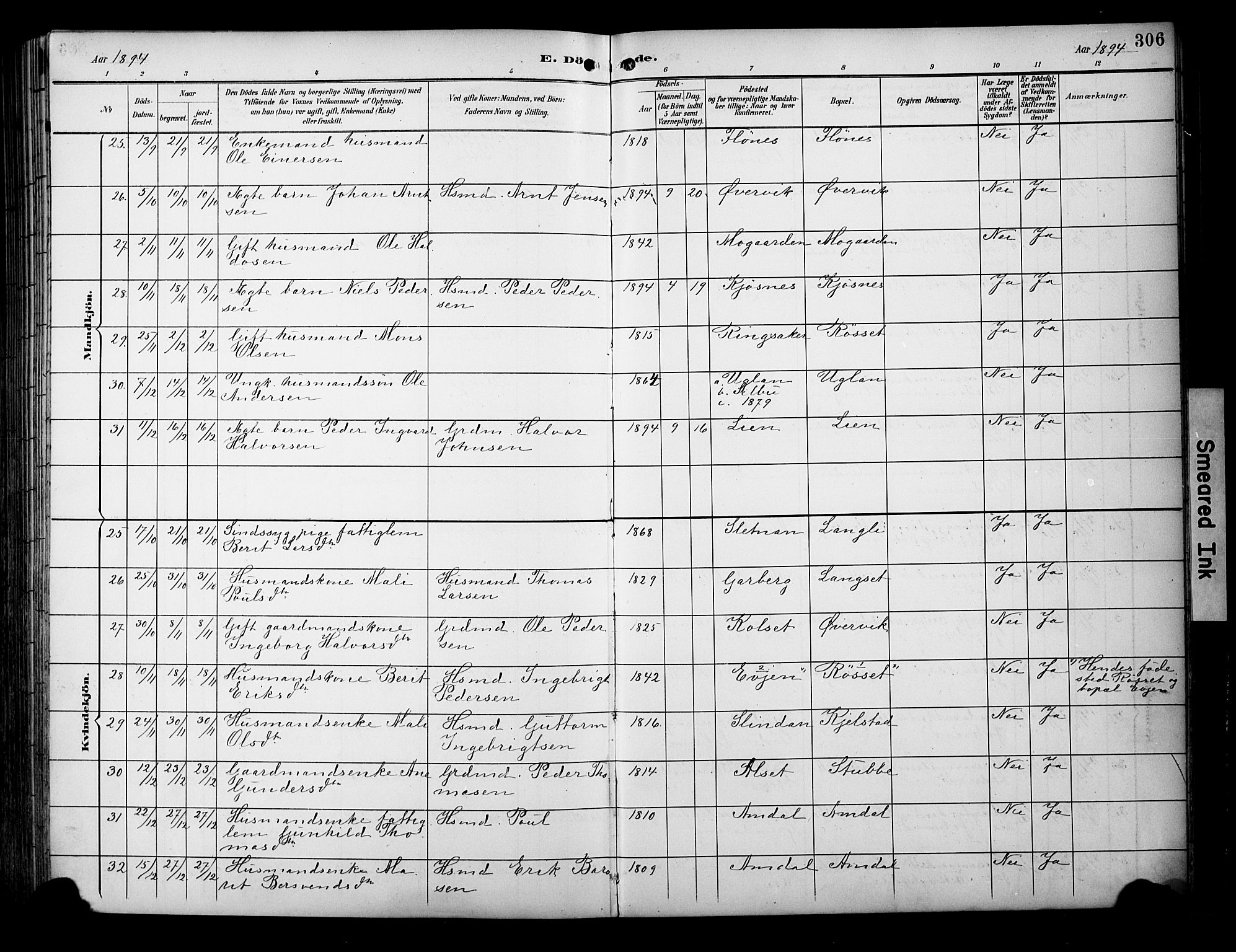 Ministerialprotokoller, klokkerbøker og fødselsregistre - Sør-Trøndelag, AV/SAT-A-1456/695/L1149: Parish register (official) no. 695A09, 1891-1902, p. 306