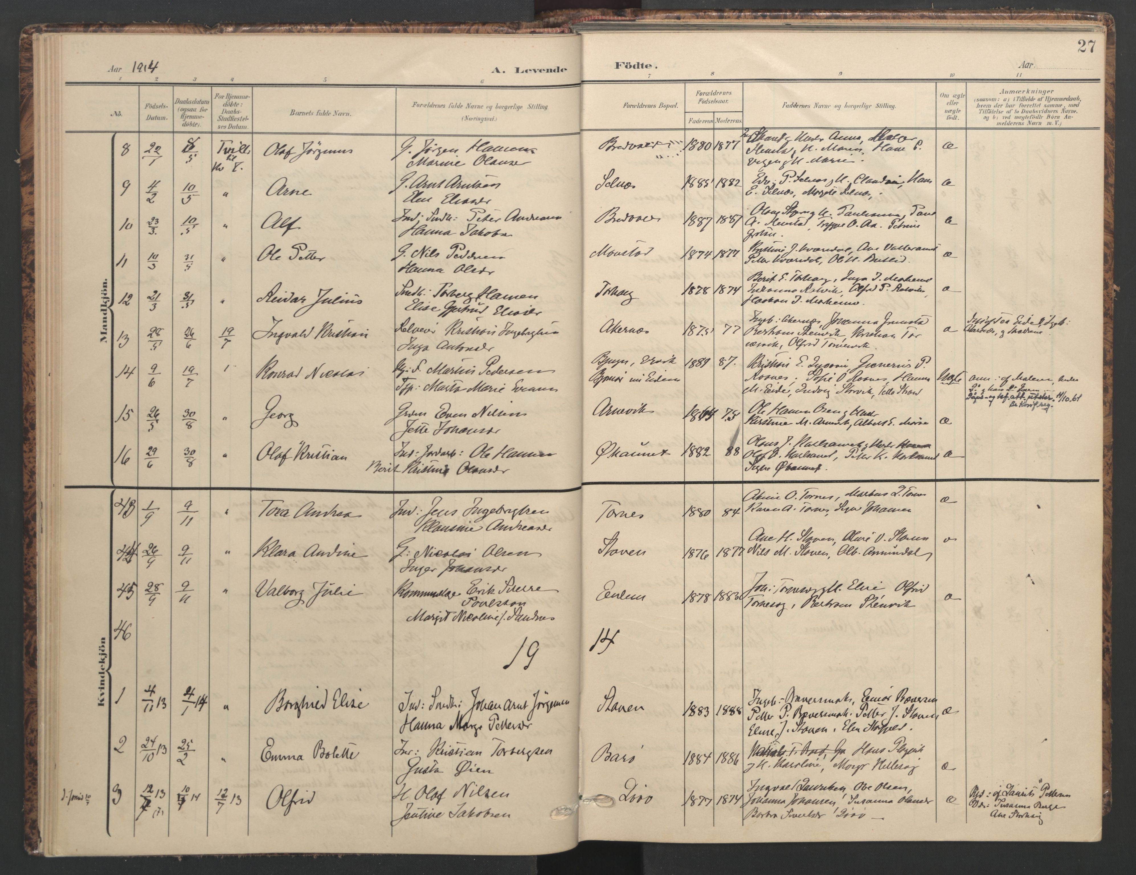 Ministerialprotokoller, klokkerbøker og fødselsregistre - Sør-Trøndelag, SAT/A-1456/655/L0682: Parish register (official) no. 655A11, 1908-1922, p. 27