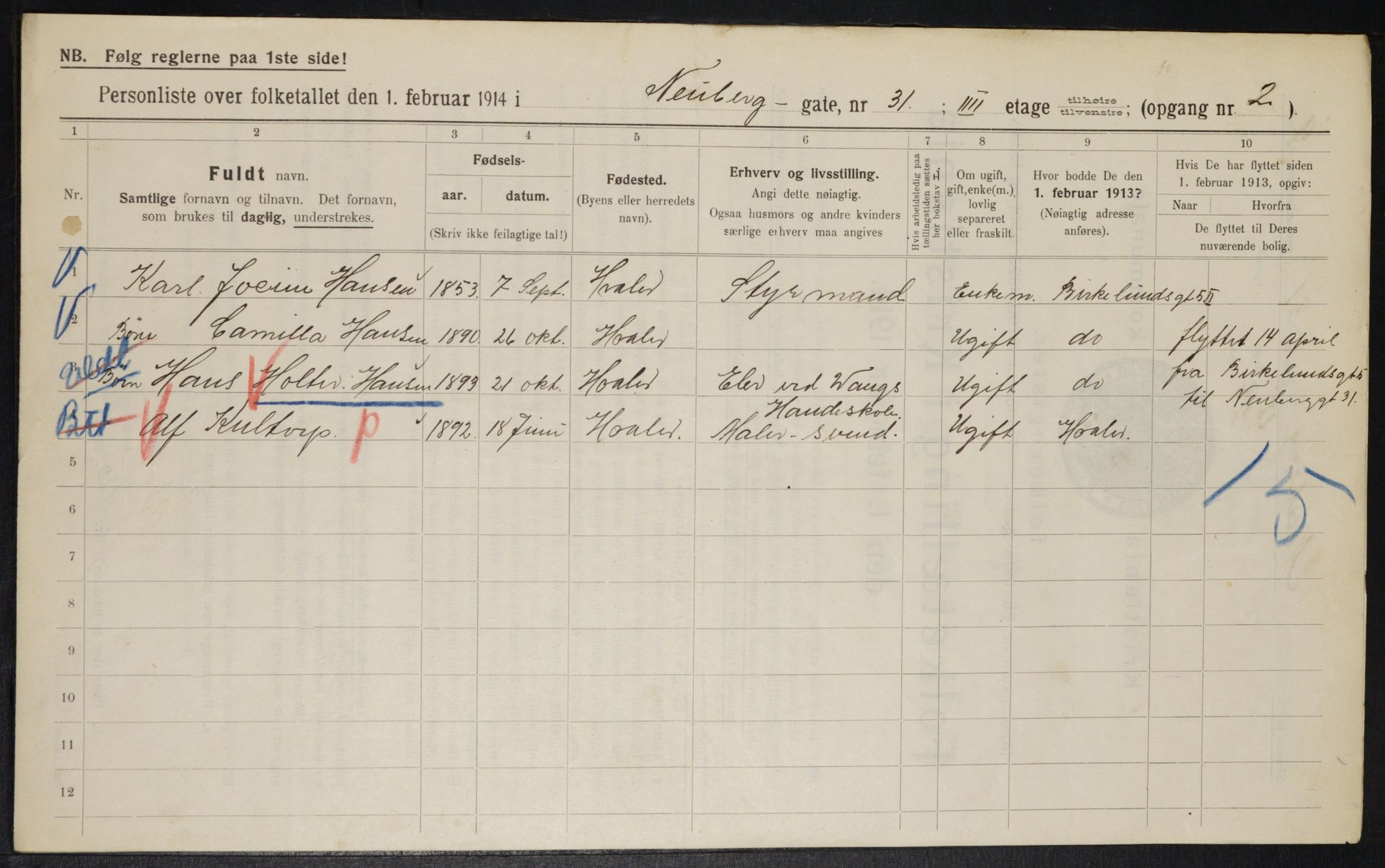 OBA, Municipal Census 1914 for Kristiania, 1914, p. 70115