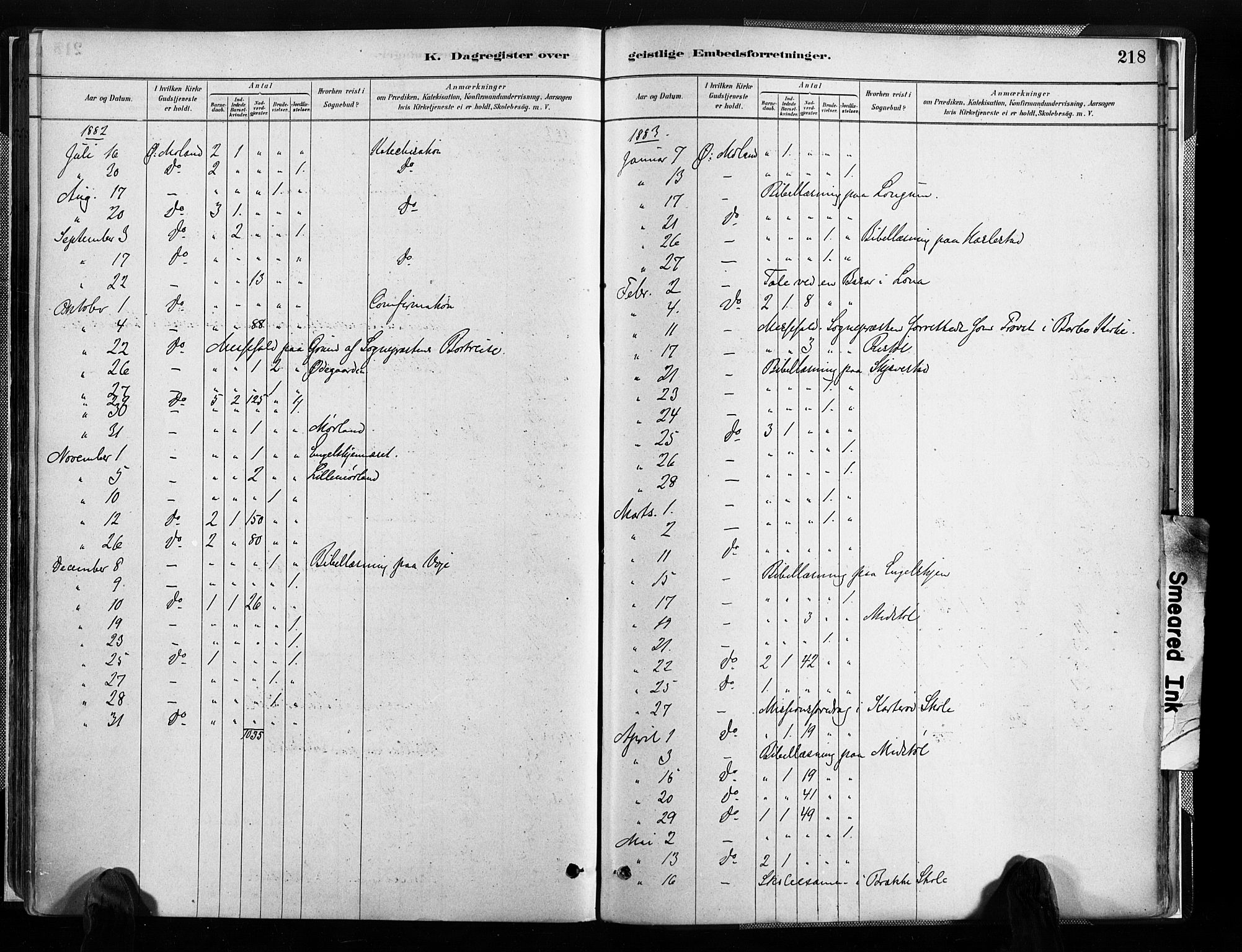 Austre Moland sokneprestkontor, SAK/1111-0001/F/Fa/Faa/L0010: Parish register (official) no. A 10, 1880-1904, p. 218