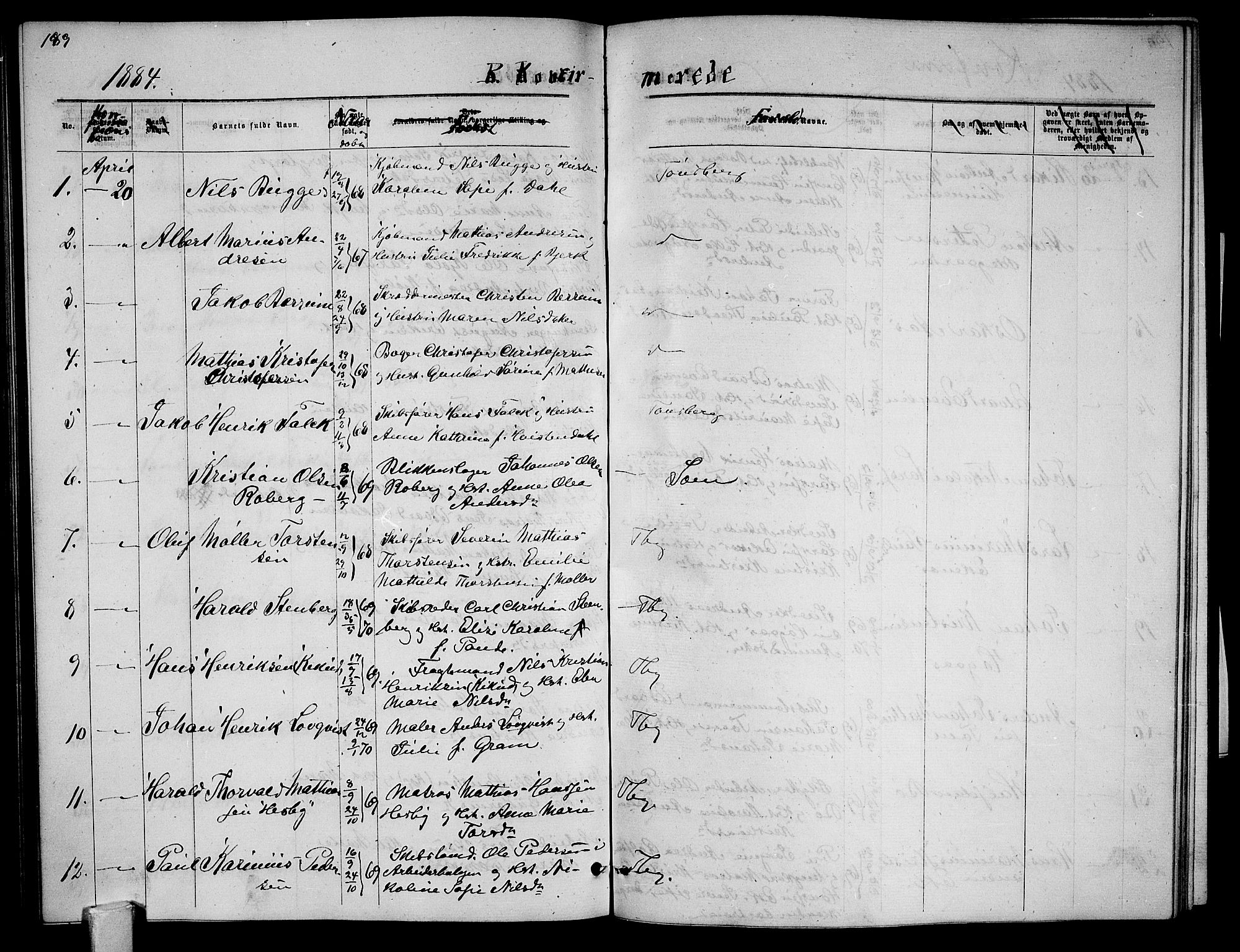 Tønsberg kirkebøker, AV/SAKO-A-330/G/Ga/L0005: Parish register (copy) no. 5, 1875-1885, p. 189