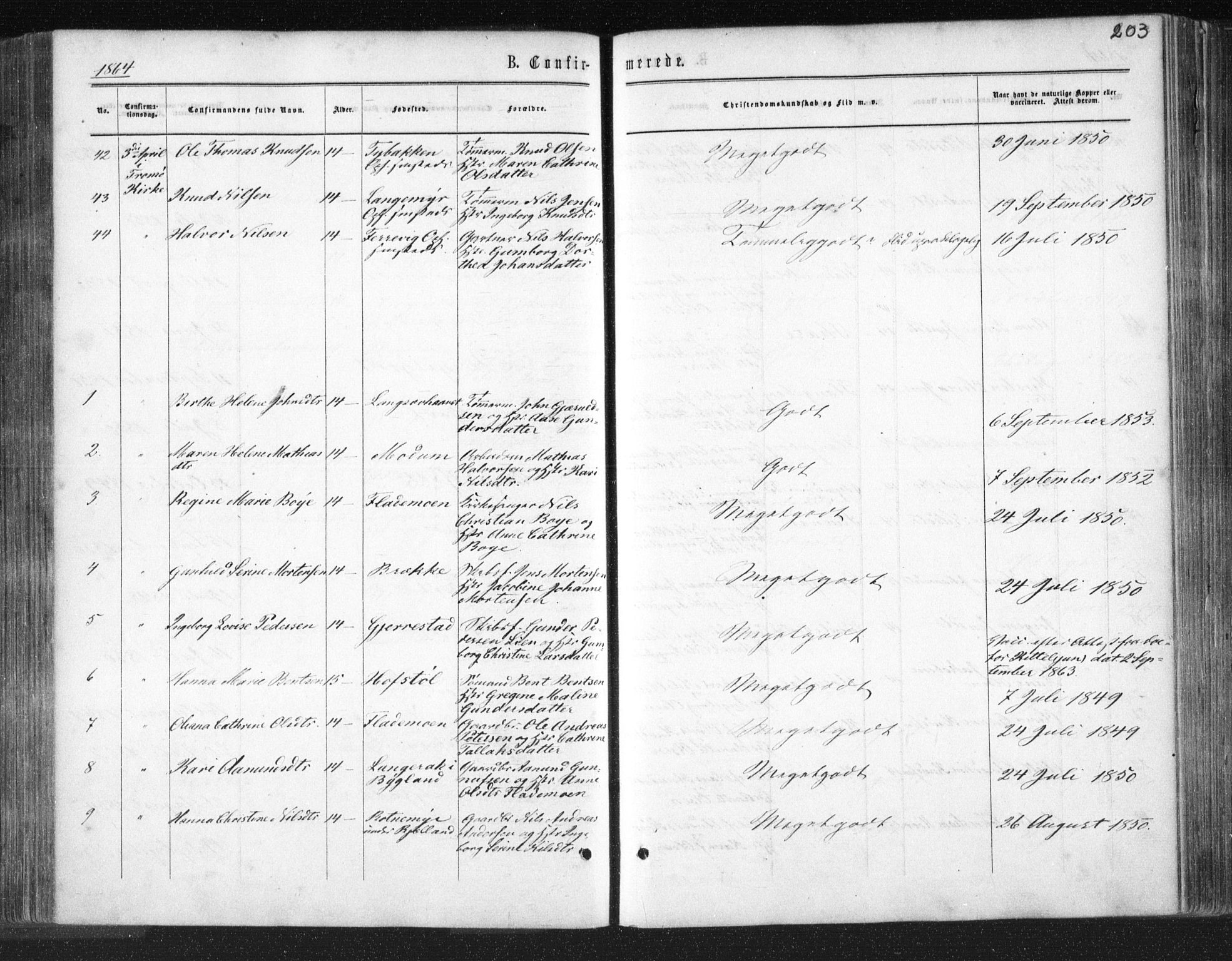 Tromøy sokneprestkontor, AV/SAK-1111-0041/F/Fa/L0007: Parish register (official) no. A 7, 1864-1869, p. 203