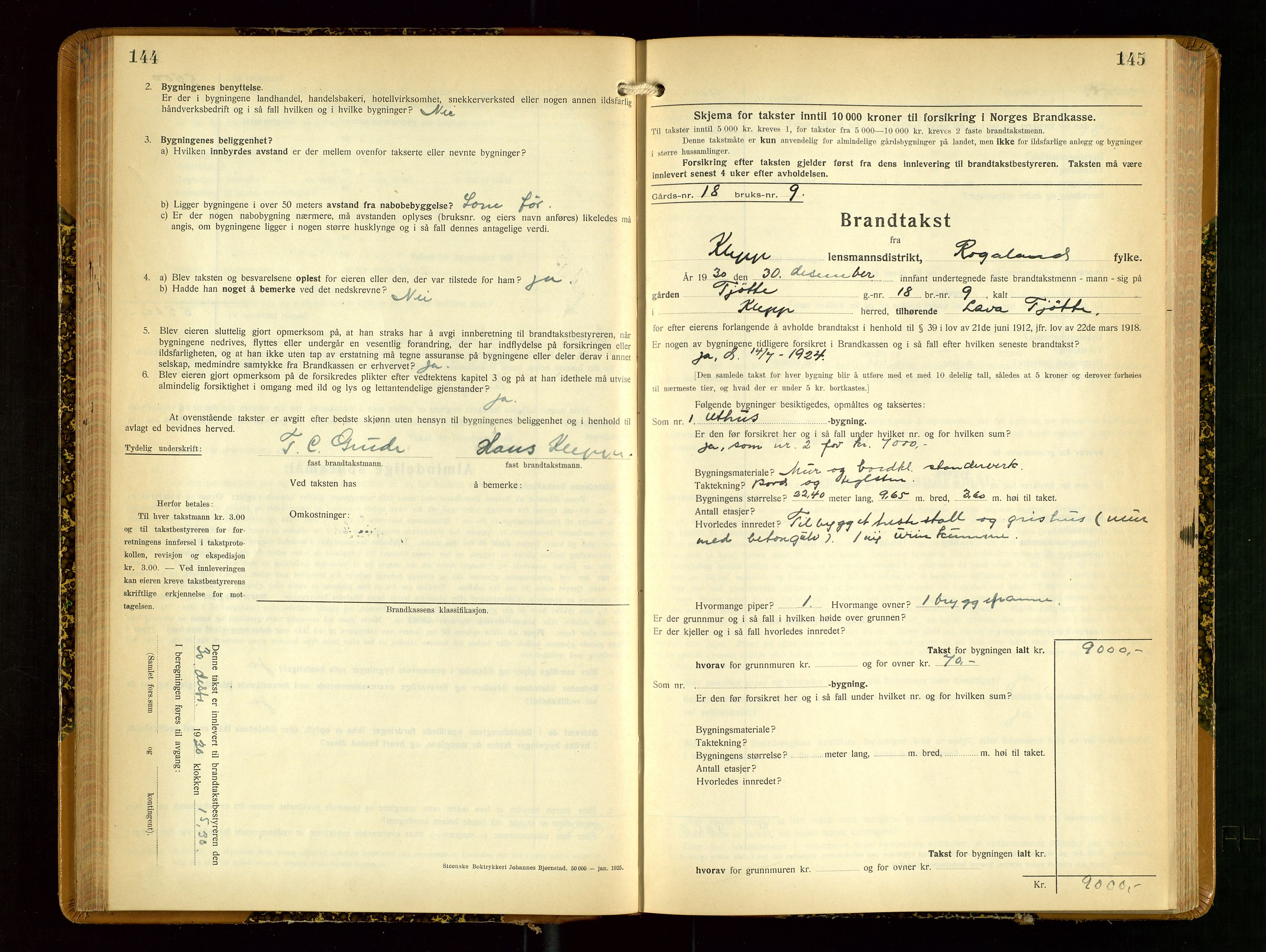 Klepp lensmannskontor, SAST/A-100163/Goc/L0012: "Brandtakstprotokoll" m/register, 1929-1933, p. 144-145