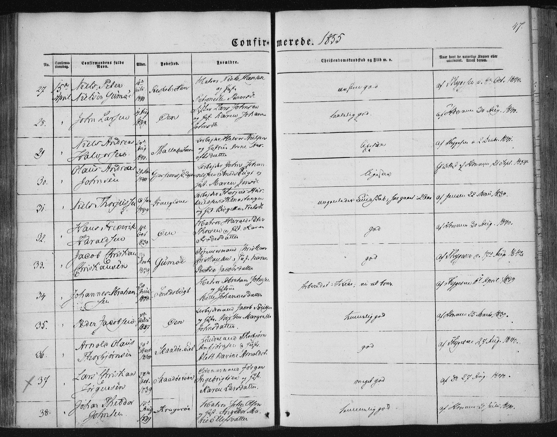 Kragerø kirkebøker, AV/SAKO-A-278/F/Fa/L0006: Parish register (official) no. 6, 1847-1861, p. 47