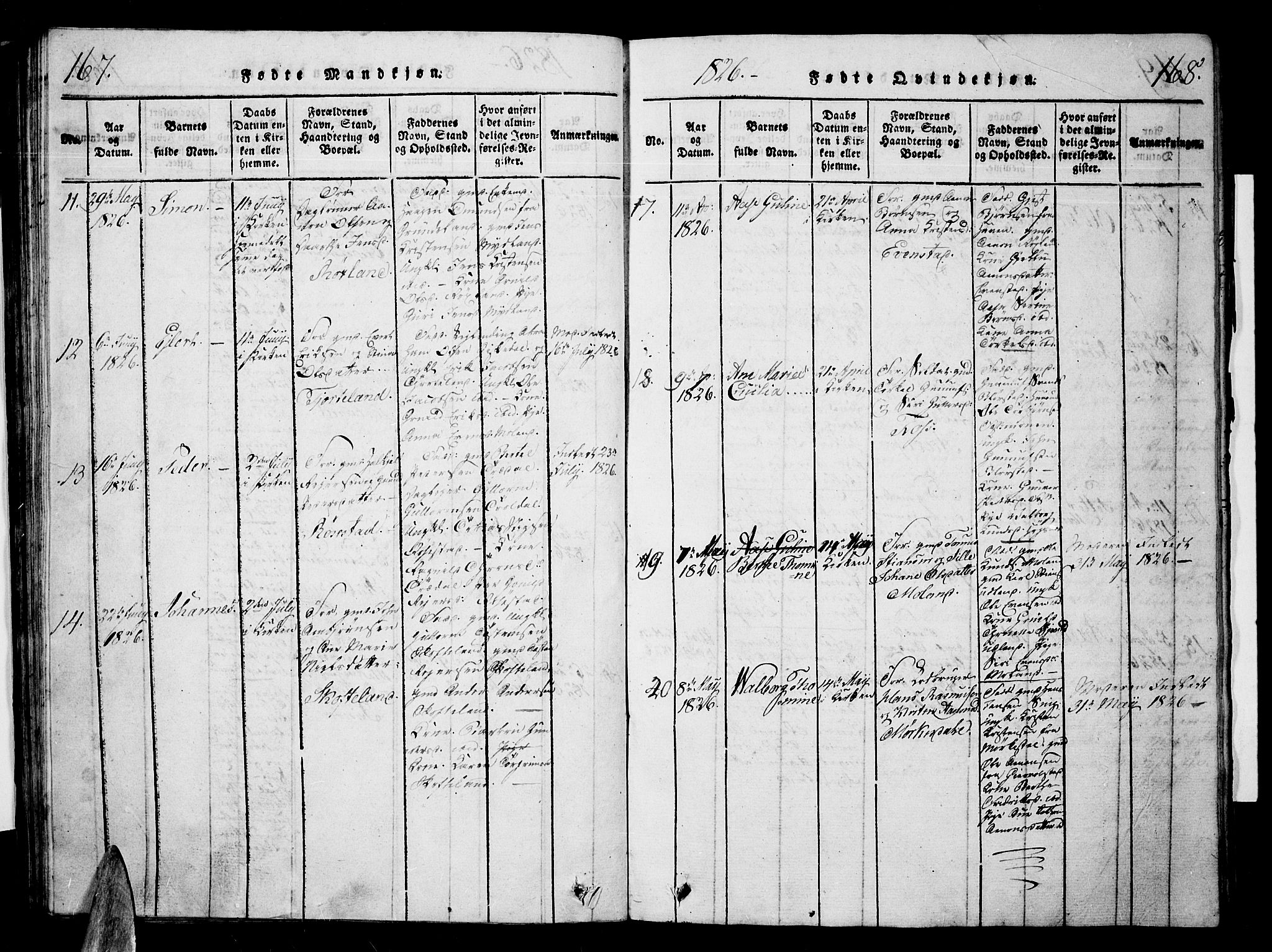 Sør-Audnedal sokneprestkontor, AV/SAK-1111-0039/F/Fb/Fbb/L0001: Parish register (copy) no. B 1, 1815-1827, p. 167-168