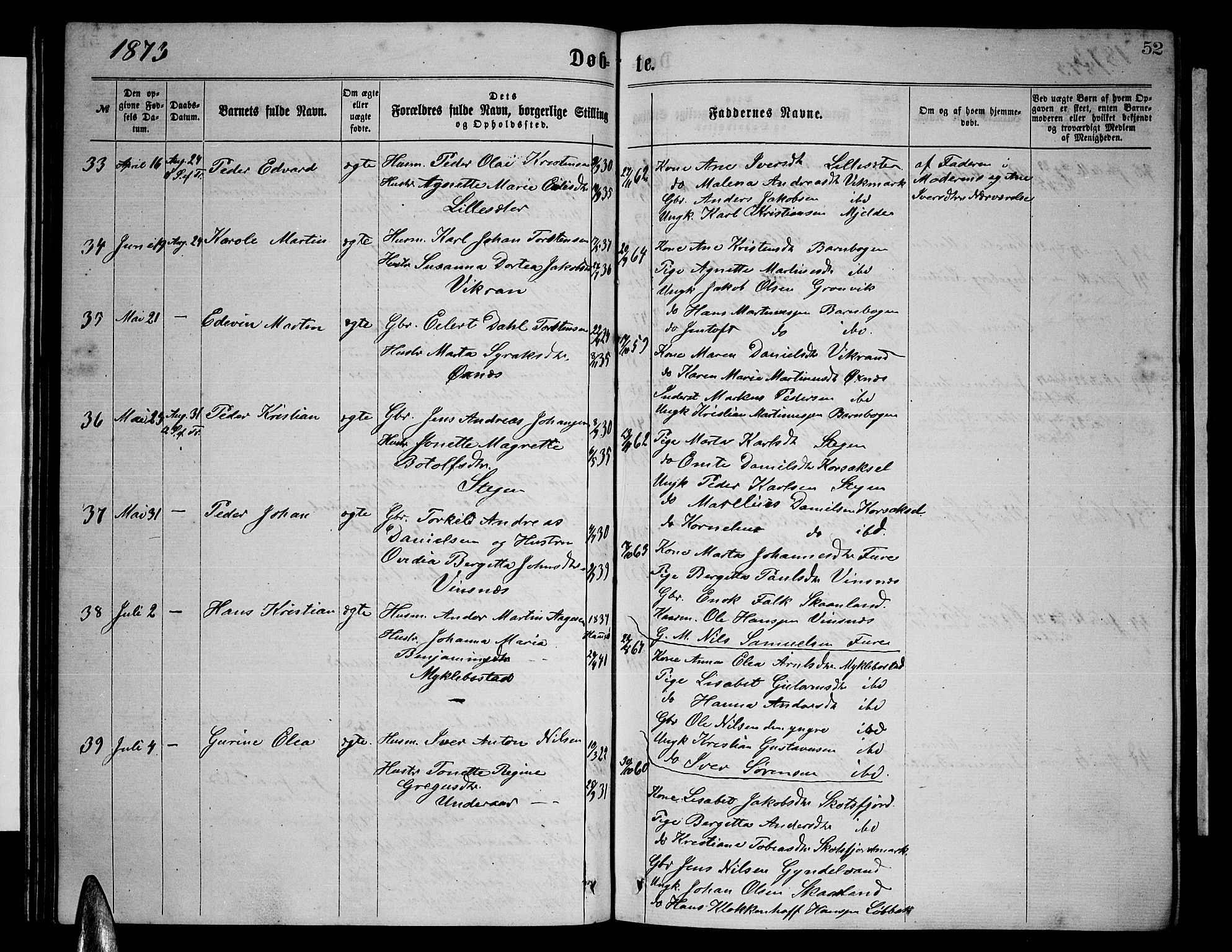 Ministerialprotokoller, klokkerbøker og fødselsregistre - Nordland, AV/SAT-A-1459/855/L0815: Parish register (copy) no. 855C04, 1865-1878, p. 52