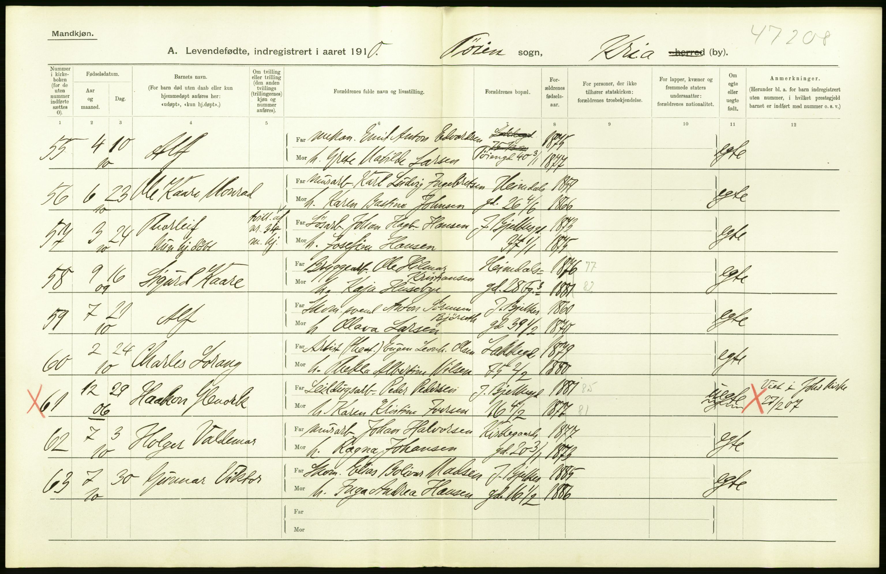 Statistisk sentralbyrå, Sosiodemografiske emner, Befolkning, AV/RA-S-2228/D/Df/Dfa/Dfah/L0006: Kristiania: Levendefødte menn., 1910, p. 12