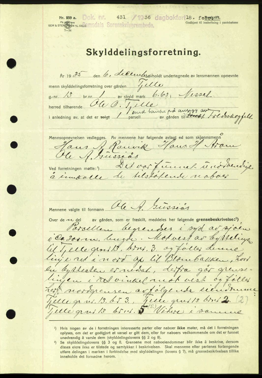 Romsdal sorenskriveri, AV/SAT-A-4149/1/2/2C: Mortgage book no. A1, 1936-1936, Diary no: : 431/1936