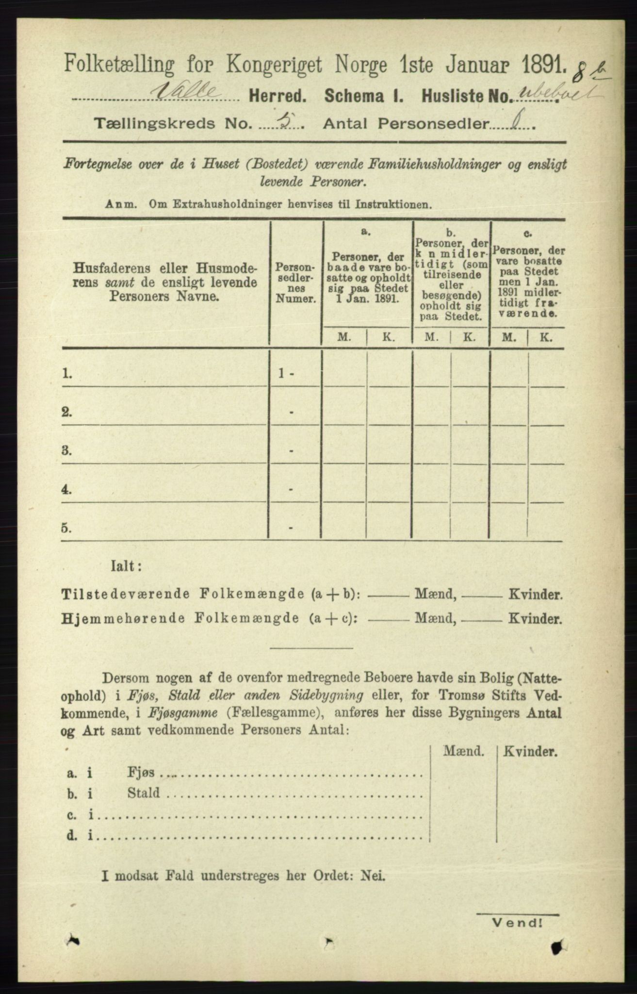 RA, 1891 census for 0940 Valle, 1891, p. 1290