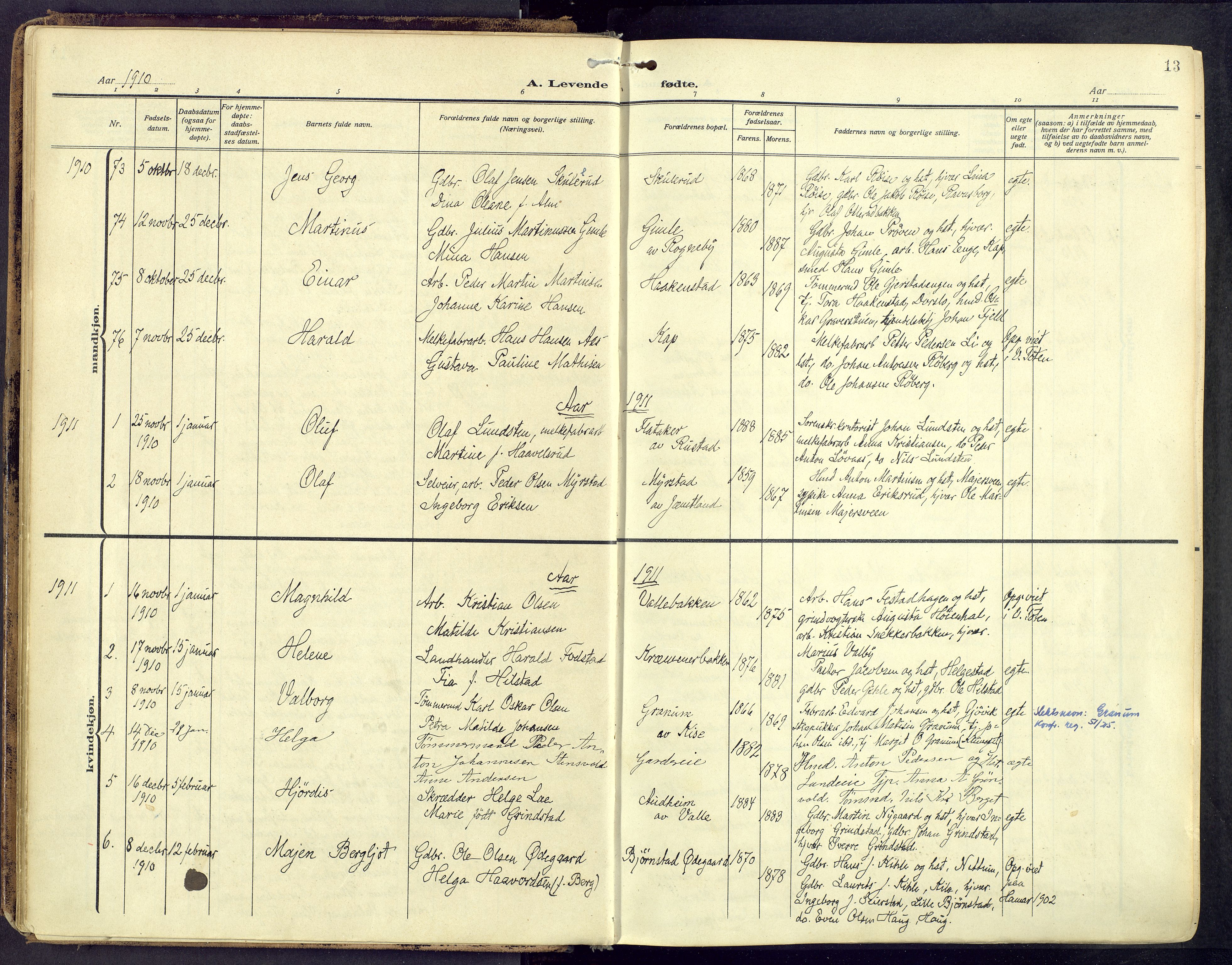 Østre Toten prestekontor, AV/SAH-PREST-104/H/Ha/Haa/L0010: Parish register (official) no. 10, 1910-1920, p. 13