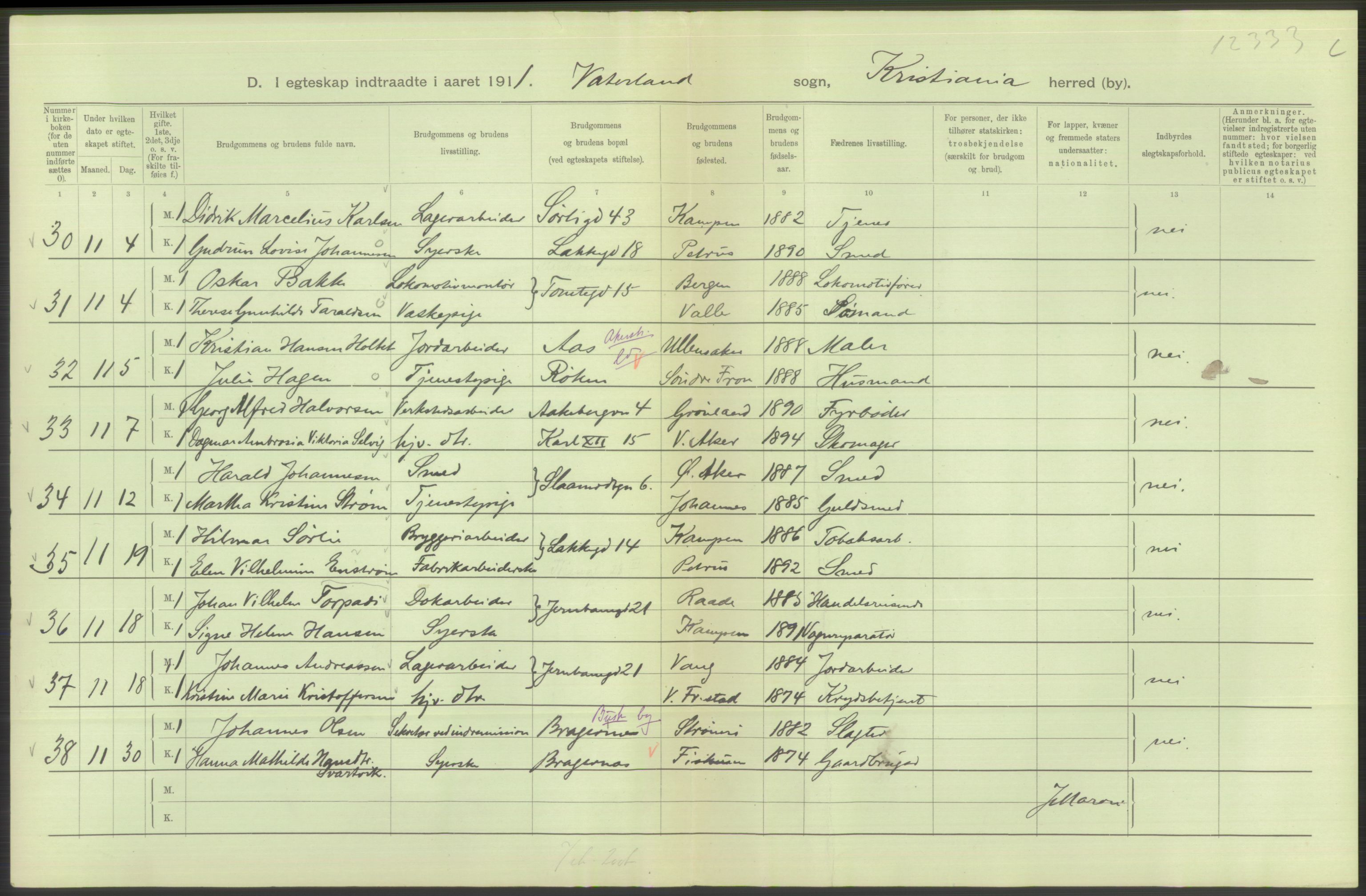 Statistisk sentralbyrå, Sosiodemografiske emner, Befolkning, AV/RA-S-2228/D/Df/Dfb/Dfba/L0008: Kristiania: Gifte, 1911, p. 724