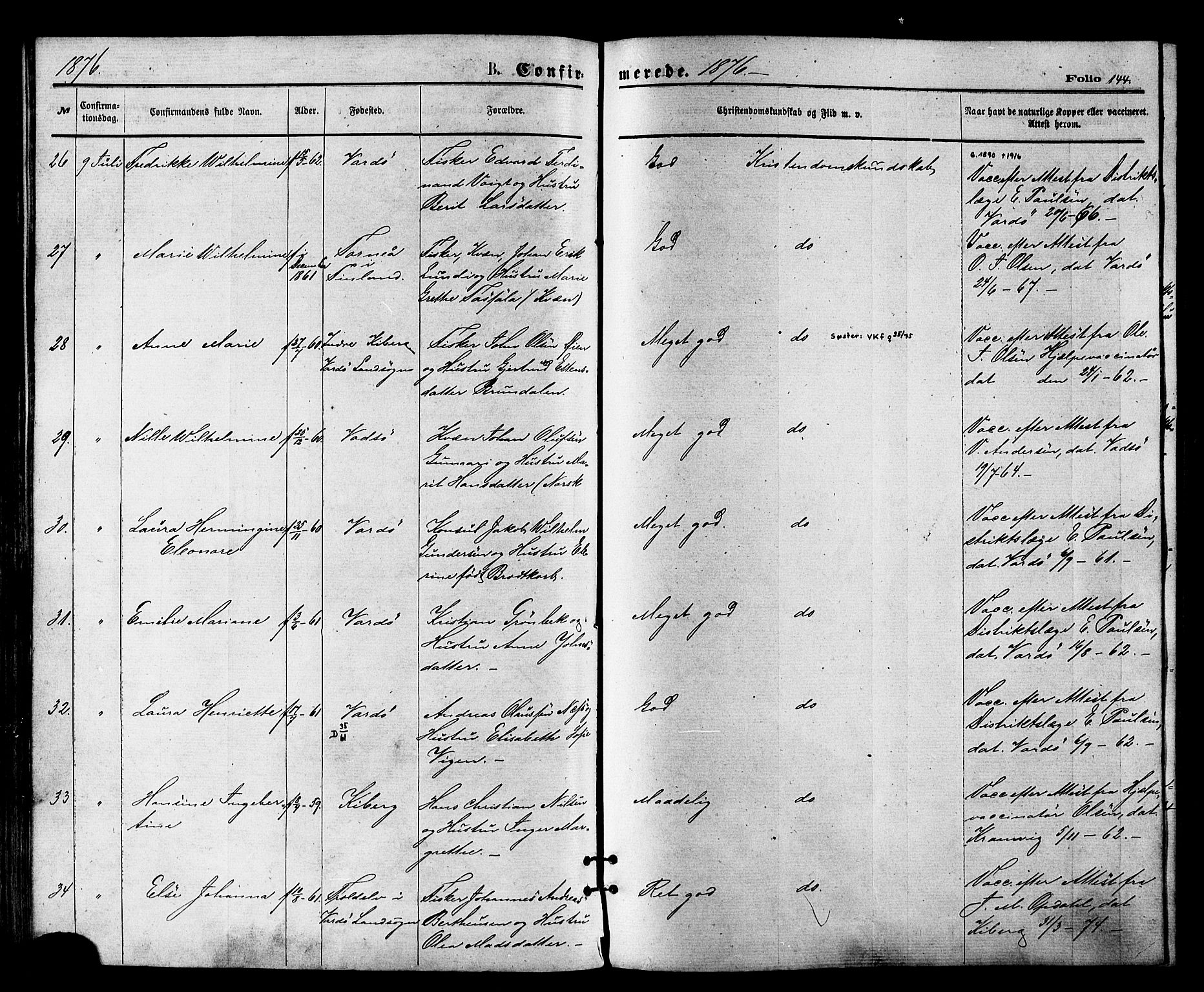Vardø sokneprestkontor, SATØ/S-1332/H/Ha/L0005kirke: Parish register (official) no. 5, 1872-1878, p. 144