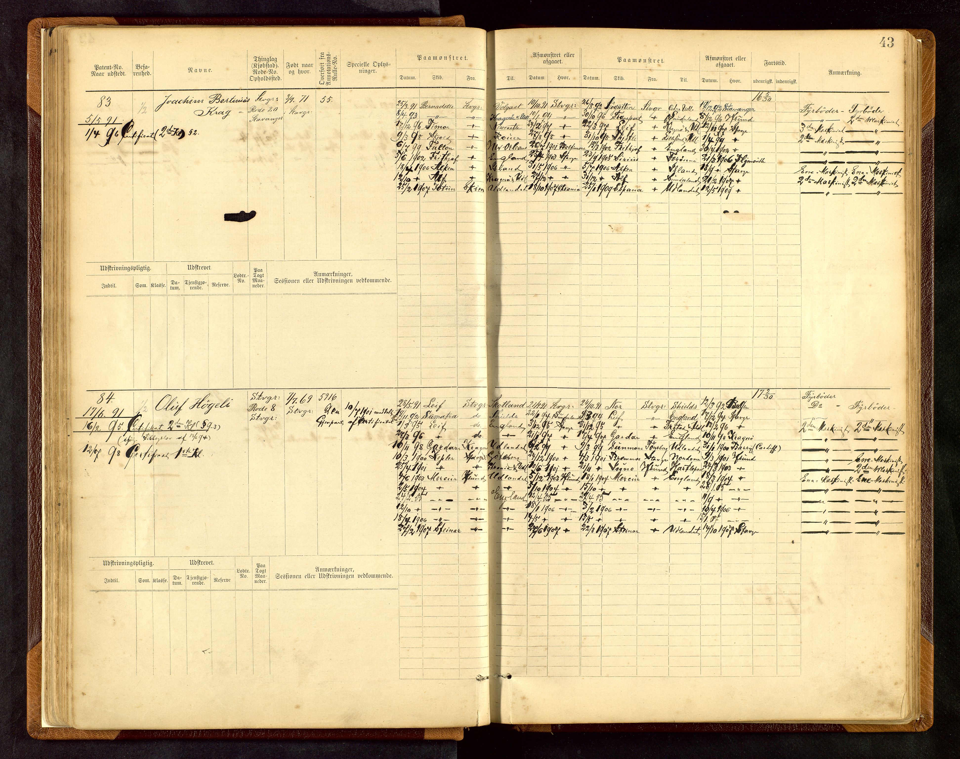 Stavanger sjømannskontor, AV/SAST-A-102006/F/Fe/L0001: Maskinist- og fyrbøterrulle, patentnr. 1-58/1-194, 1884-1894, p. 46