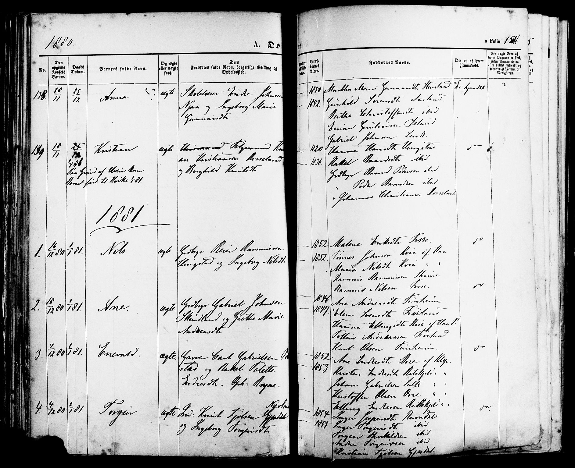 Lye sokneprestkontor, SAST/A-101794/001/30BA/L0008: Parish register (official) no. A 7, 1872-1881, p. 154