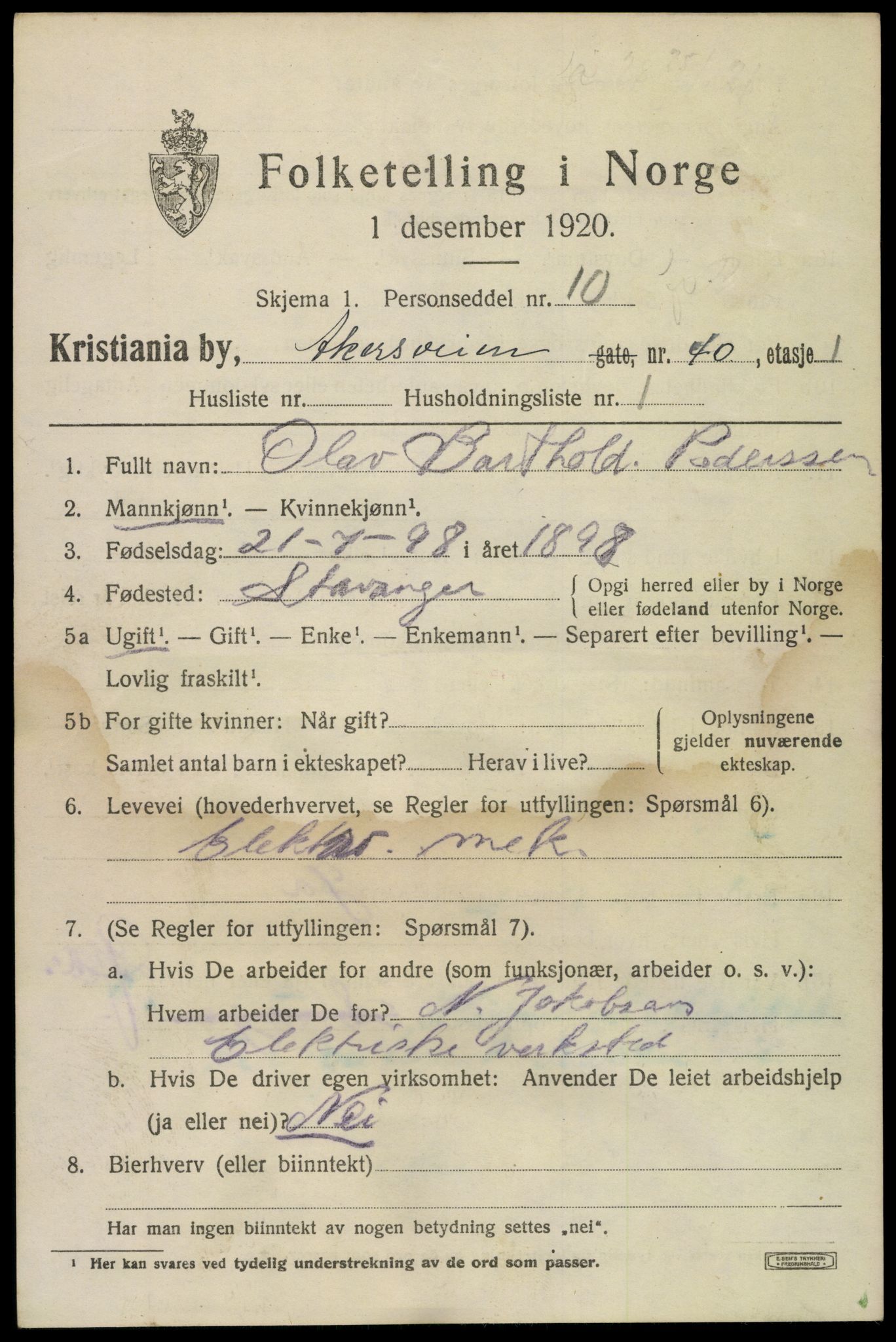 SAO, 1920 census for Kristiania, 1920, p. 140901