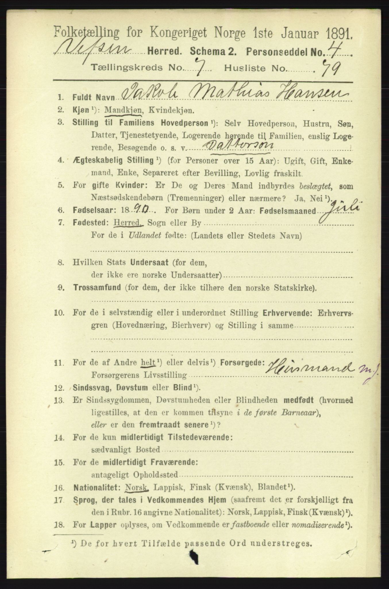 RA, 1891 census for 1824 Vefsn, 1891, p. 4182