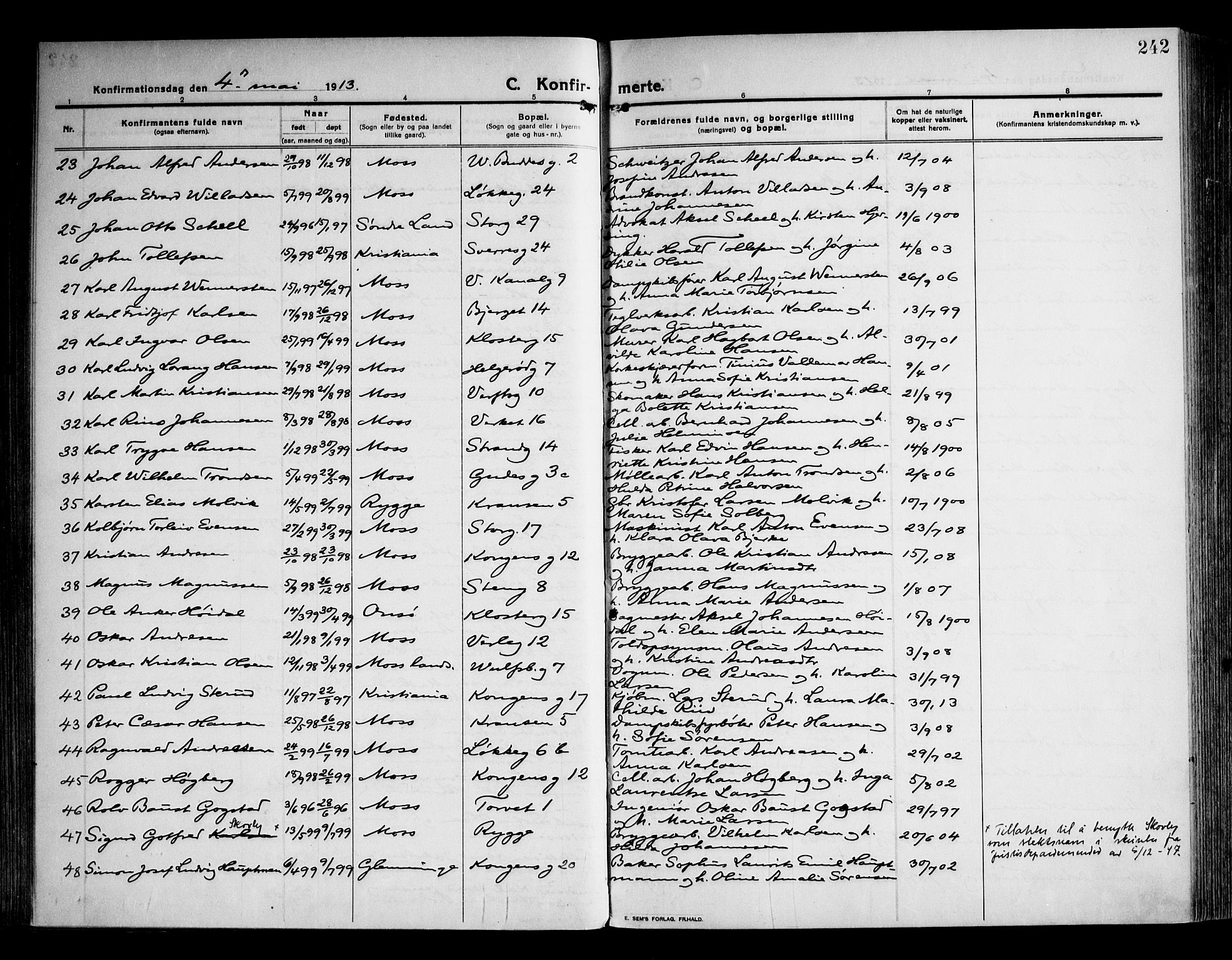 Moss prestekontor Kirkebøker, AV/SAO-A-2003/F/Fb/L0005: Parish register (official) no. II 5, 1913-1923, p. 242