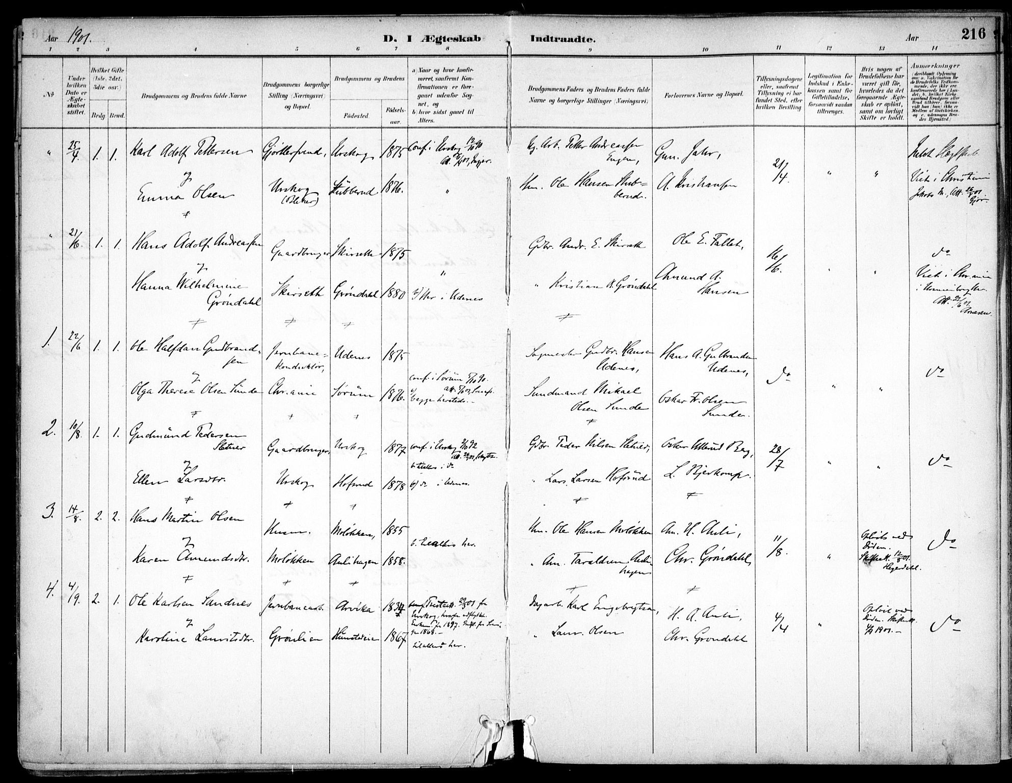 Nes prestekontor Kirkebøker, AV/SAO-A-10410/F/Fc/L0002: Parish register (official) no. IIi 2, 1882-1916, p. 216