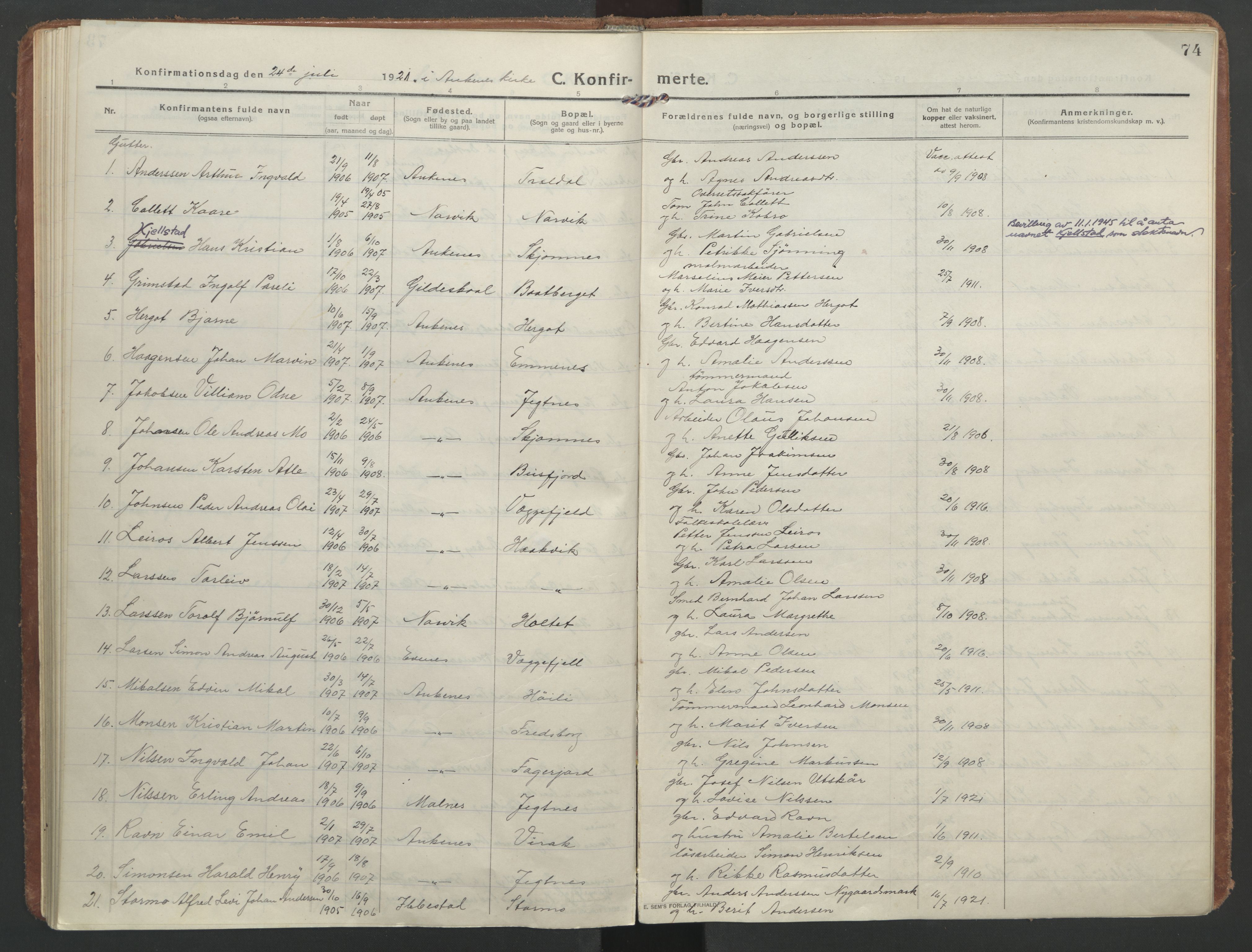 Ministerialprotokoller, klokkerbøker og fødselsregistre - Nordland, AV/SAT-A-1459/866/L0944: Parish register (official) no. 866A07, 1906-1926, p. 74