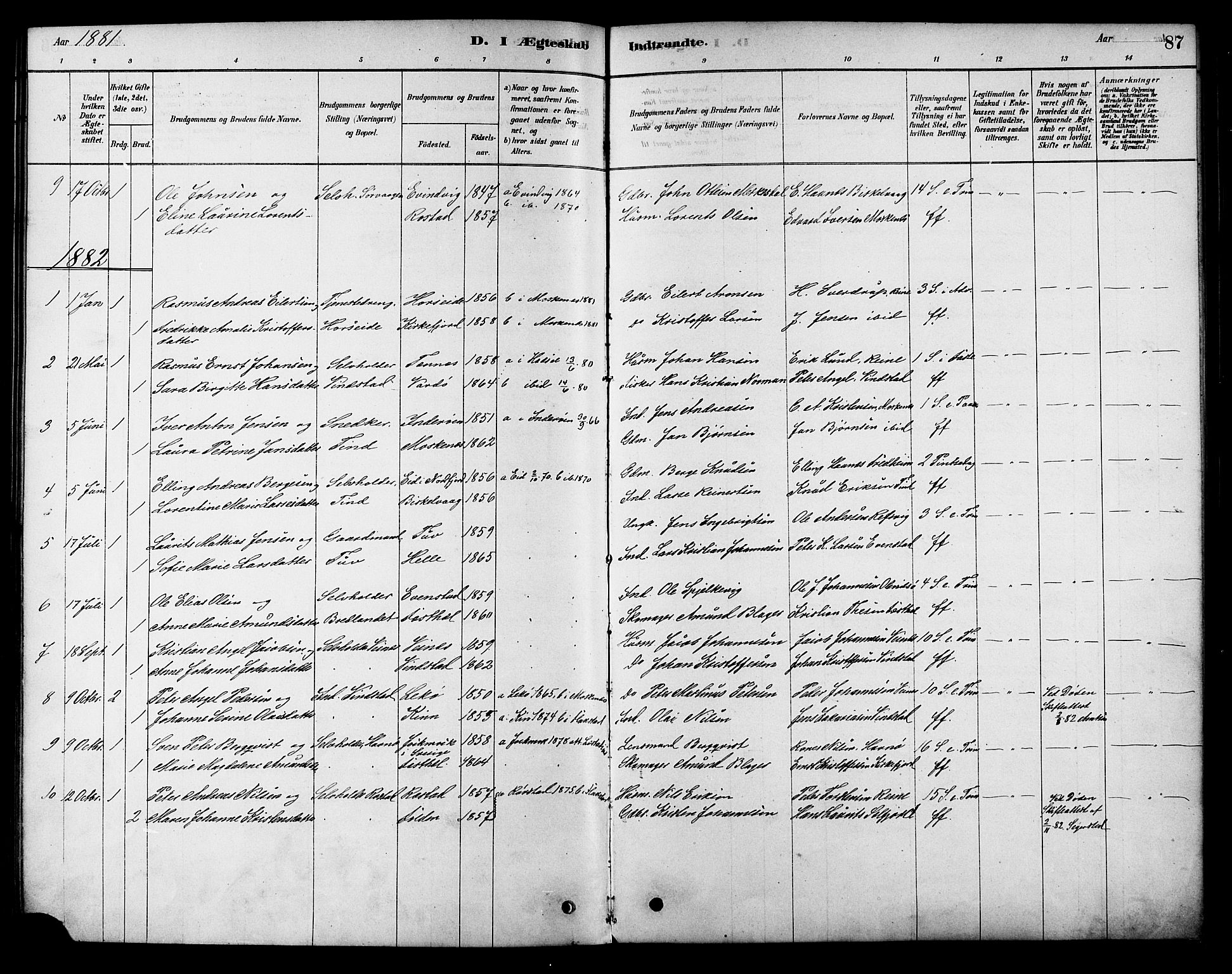 Ministerialprotokoller, klokkerbøker og fødselsregistre - Nordland, AV/SAT-A-1459/886/L1219: Parish register (official) no. 886A01, 1878-1892, p. 87