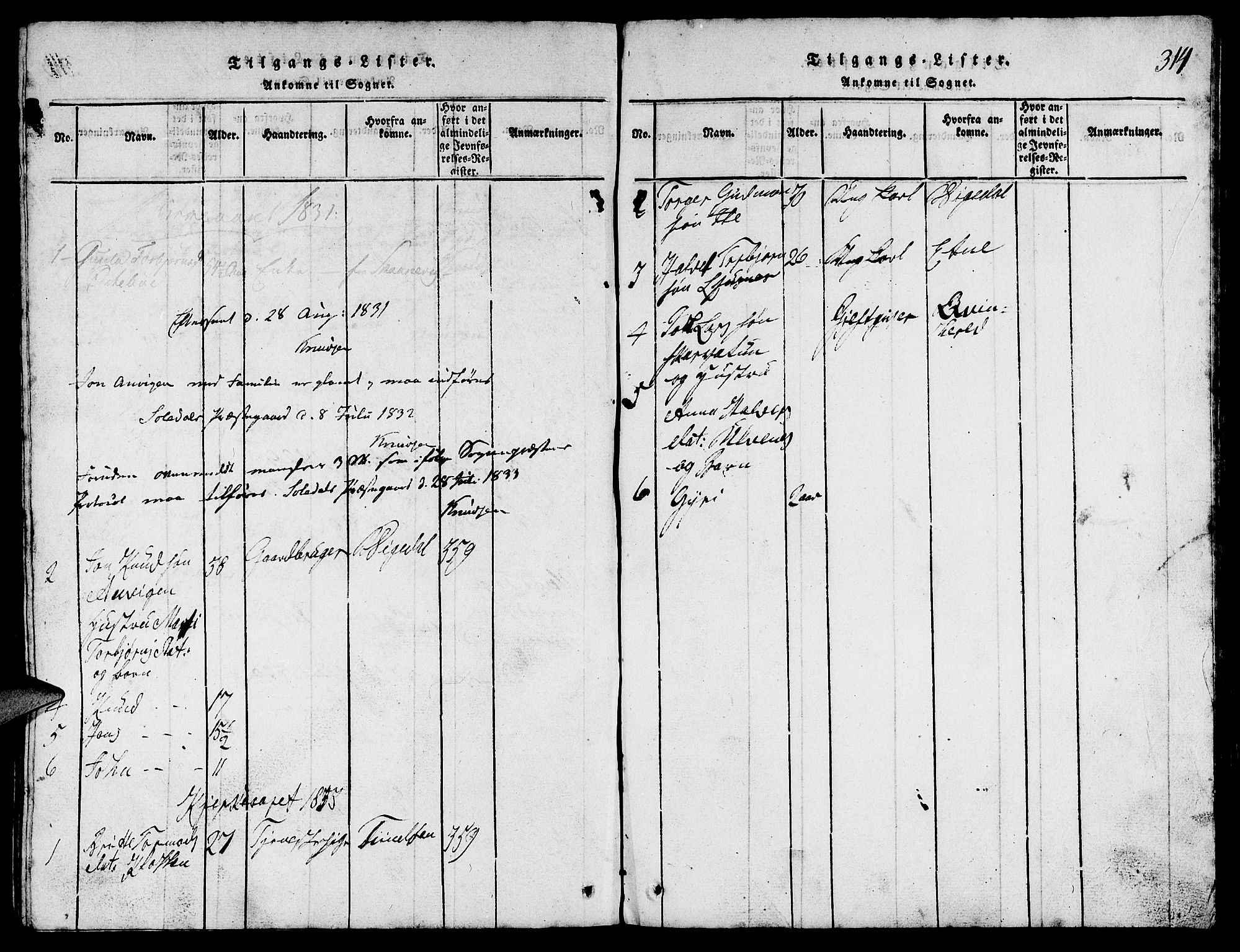 Suldal sokneprestkontor, SAST/A-101845/01/V/L0002: Parish register (copy) no. B 2, 1816-1845, p. 314