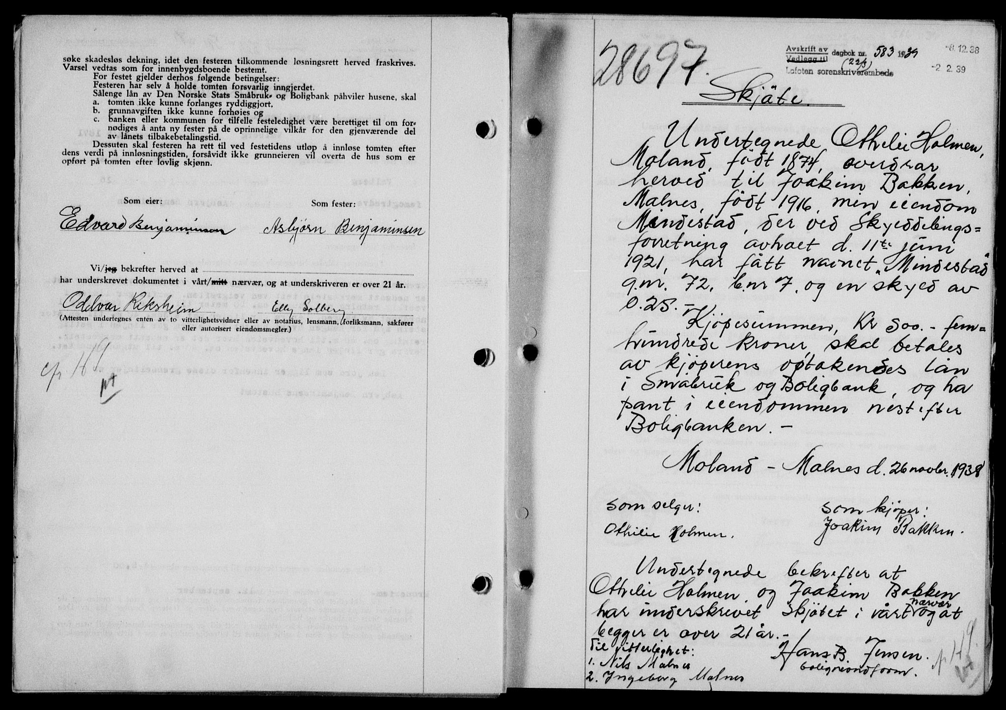Lofoten sorenskriveri, SAT/A-0017/1/2/2C/L0005a: Mortgage book no. 5a, 1939-1939, Diary no: : 583/1939