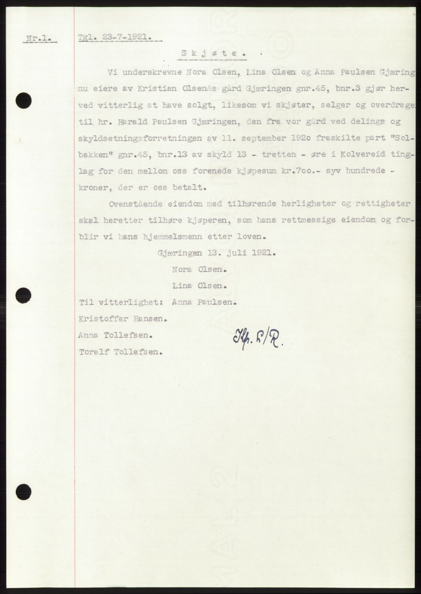 Namdal sorenskriveri, SAT/A-4133/1/2/2C: Mortgage book no. -, 1916-1921, Deed date: 23.07.1921