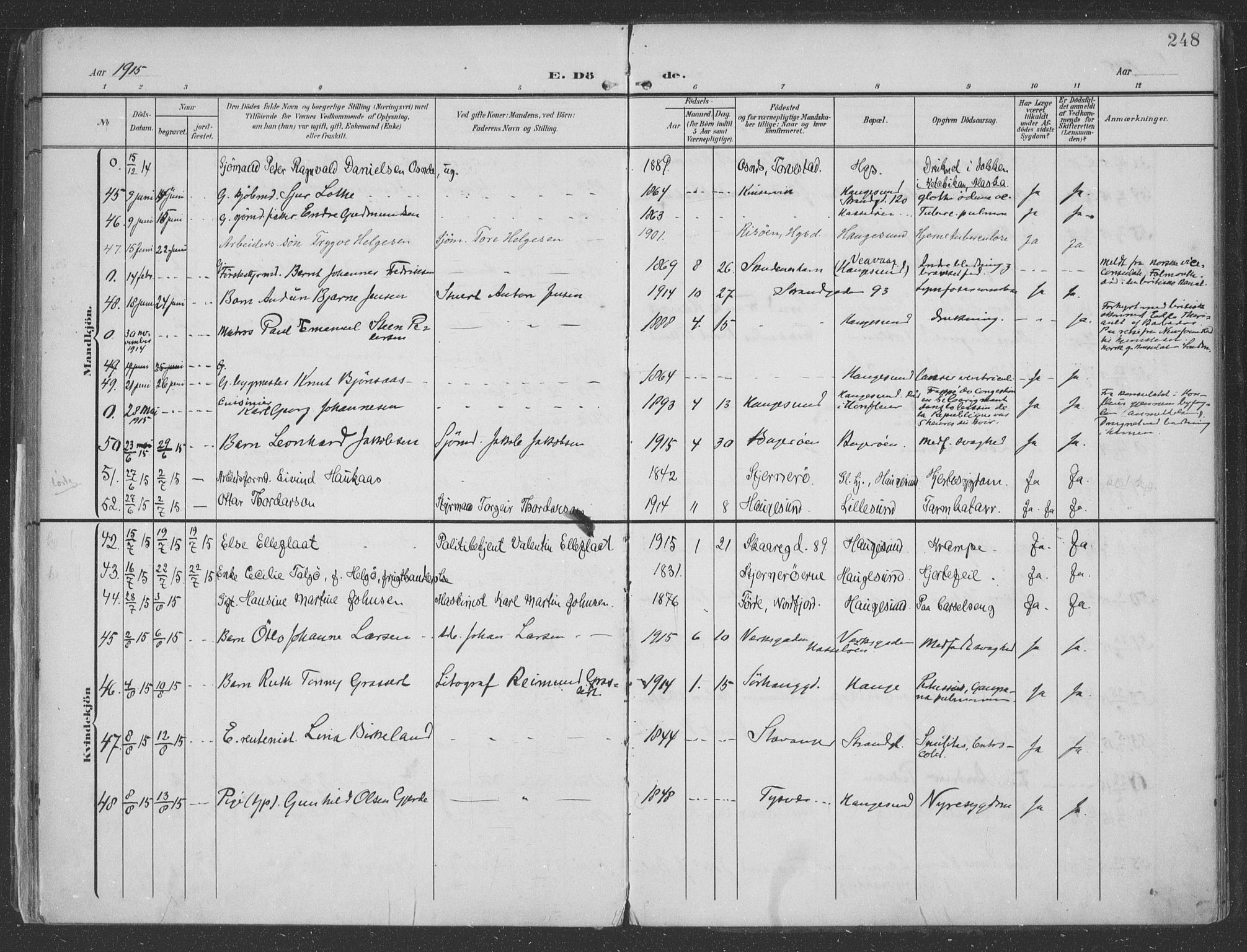 Haugesund sokneprestkontor, AV/SAST-A -101863/H/Ha/Haa/L0007: Parish register (official) no. A 7, 1904-1916, p. 248