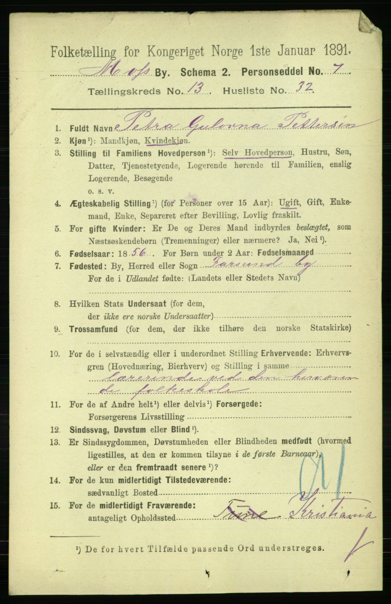 RA, 1891 census for 0104 Moss, 1891, p. 7017