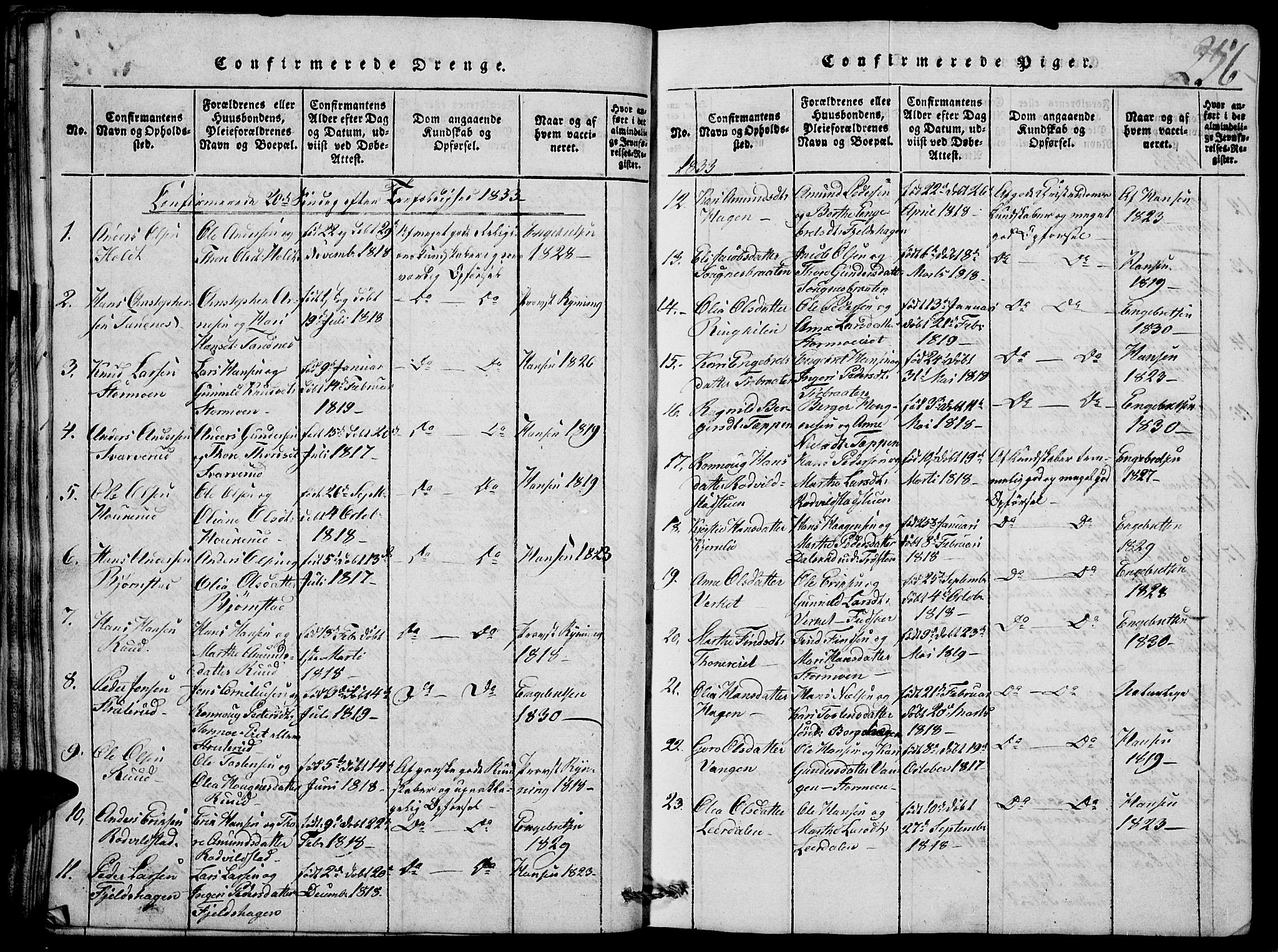 Nord-Odal prestekontor, AV/SAH-PREST-032/H/Ha/Hab/L0001: Parish register (copy) no. 1, 1819-1838, p. 256