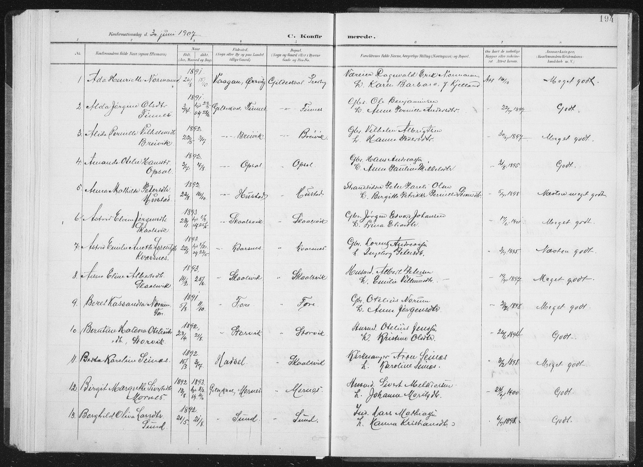 Ministerialprotokoller, klokkerbøker og fødselsregistre - Nordland, AV/SAT-A-1459/805/L0102: Parish register (official) no. 805A08I, 1900-1909, p. 194