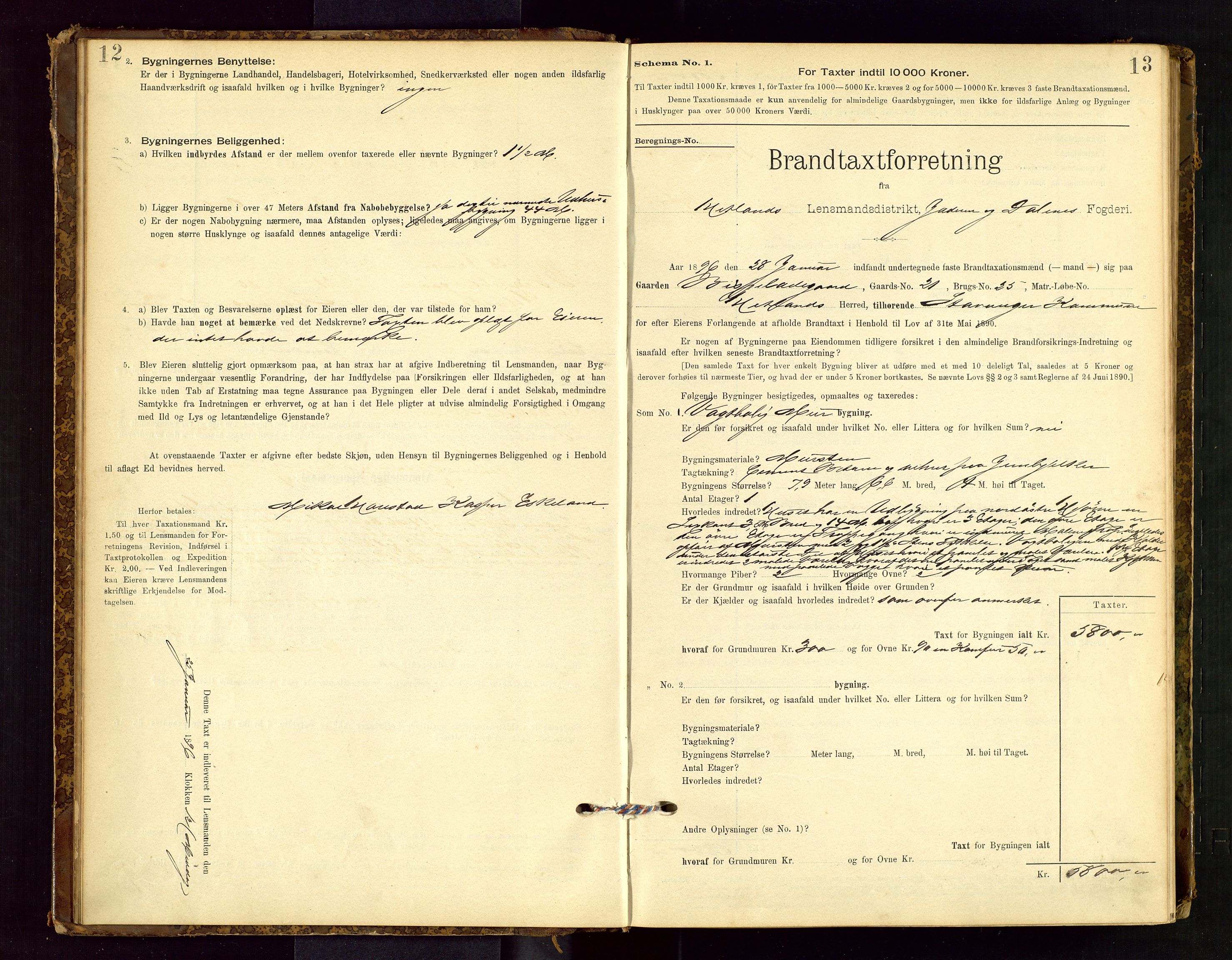 Hetland lensmannskontor, SAST/A-100101/Gob/L0001: "Brandtaxationsprotokol", 1895-1918, p. 12-13