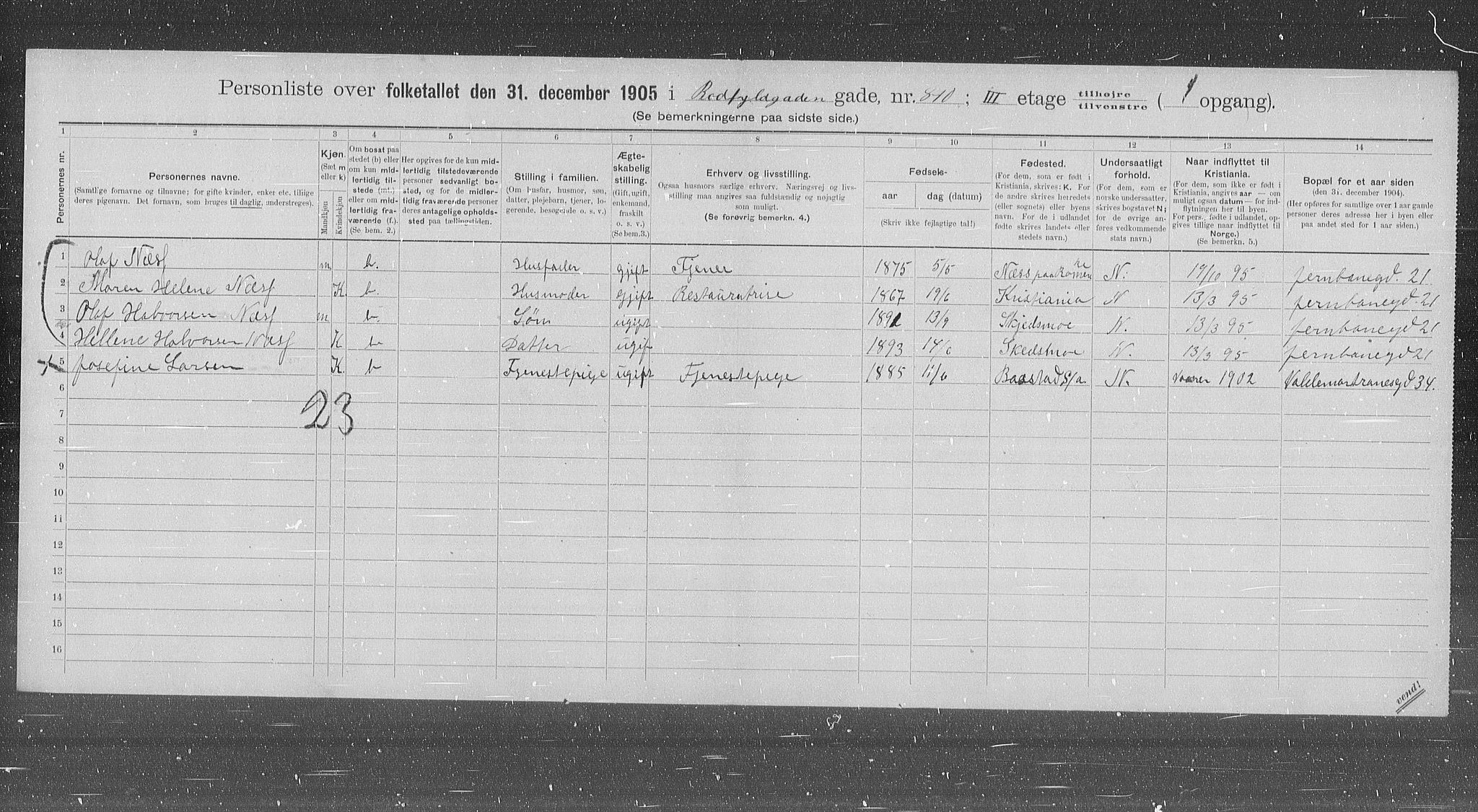 OBA, Municipal Census 1905 for Kristiania, 1905, p. 45286