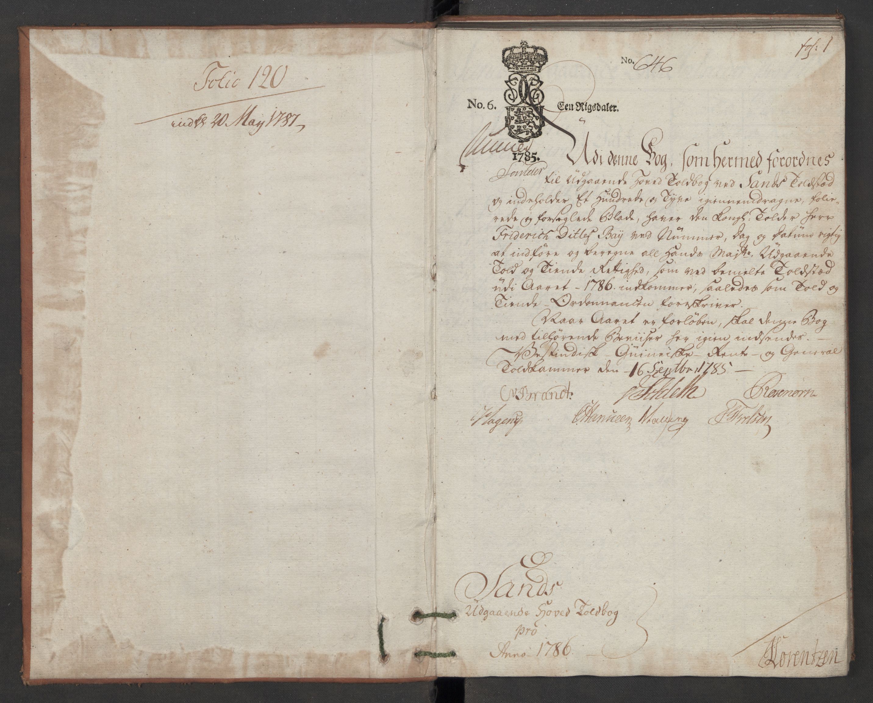 Generaltollkammeret, tollregnskaper, AV/RA-EA-5490/R07/L0046/0002: Tollregnskaper Sand / Utgående hovedtollbok, 1786, p. 1a