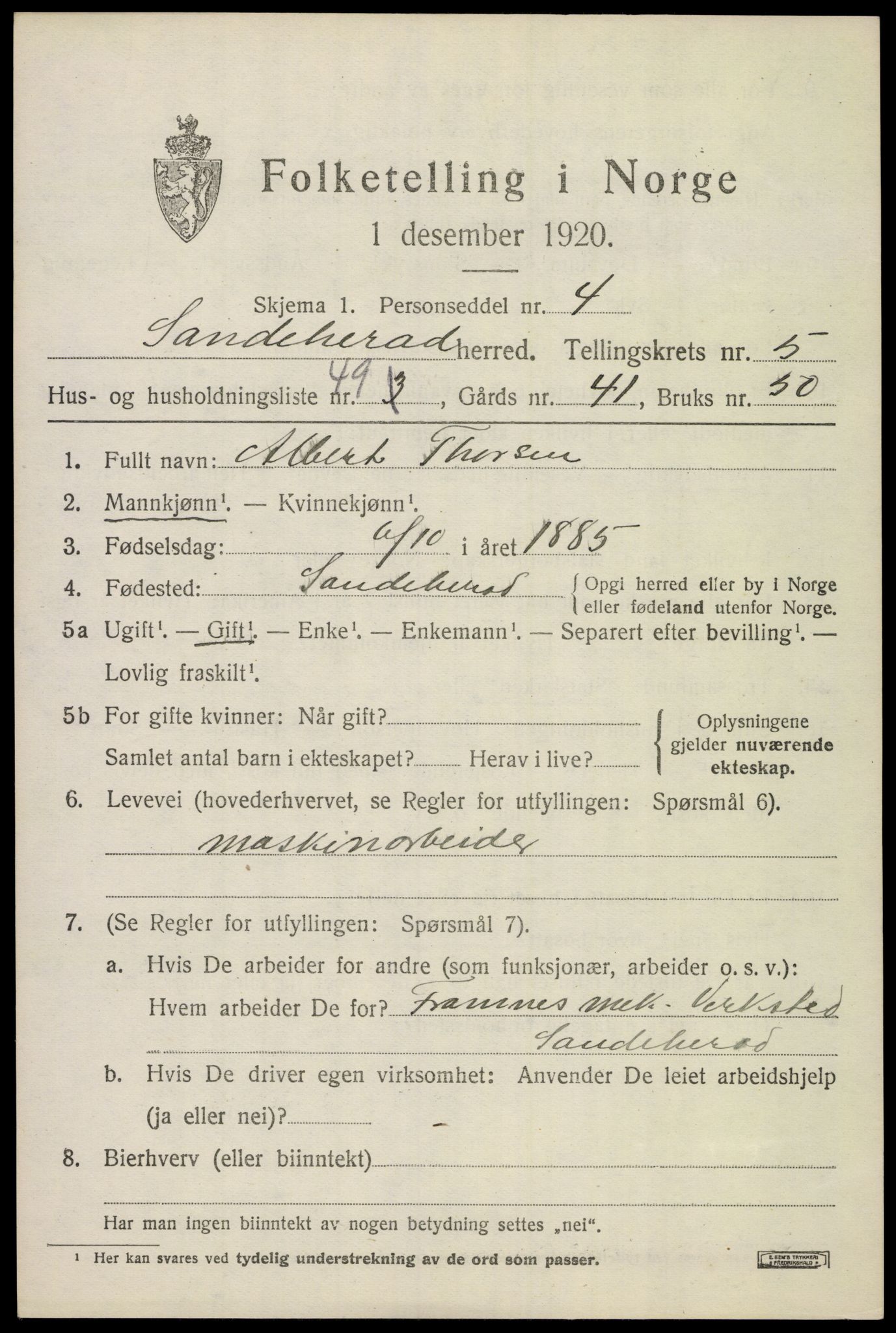 SAKO, 1920 census for Sandeherred, 1920, p. 8640