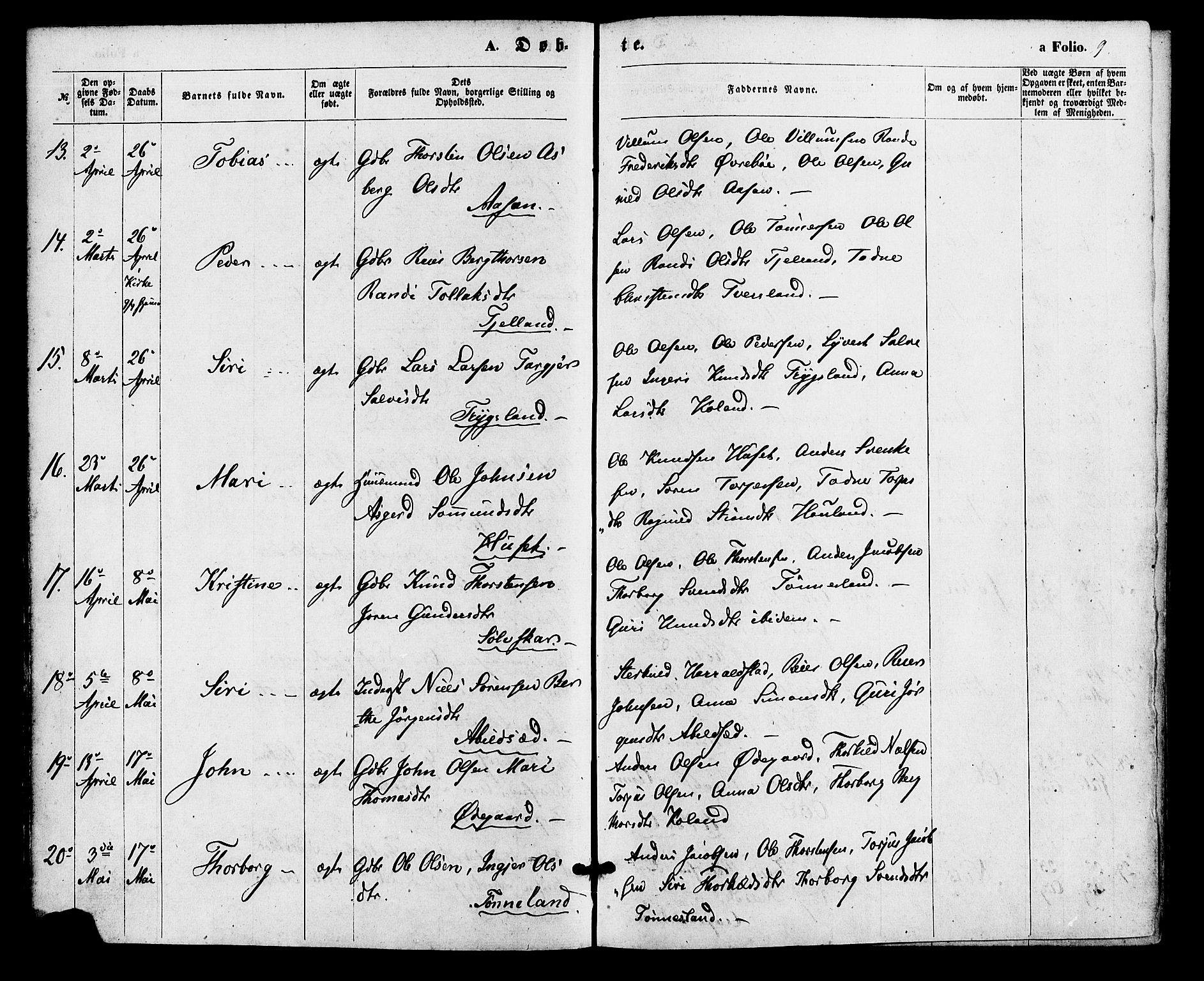 Bjelland sokneprestkontor, SAK/1111-0005/F/Fa/Faa/L0003: Parish register (official) no. A 3, 1867-1887, p. 9