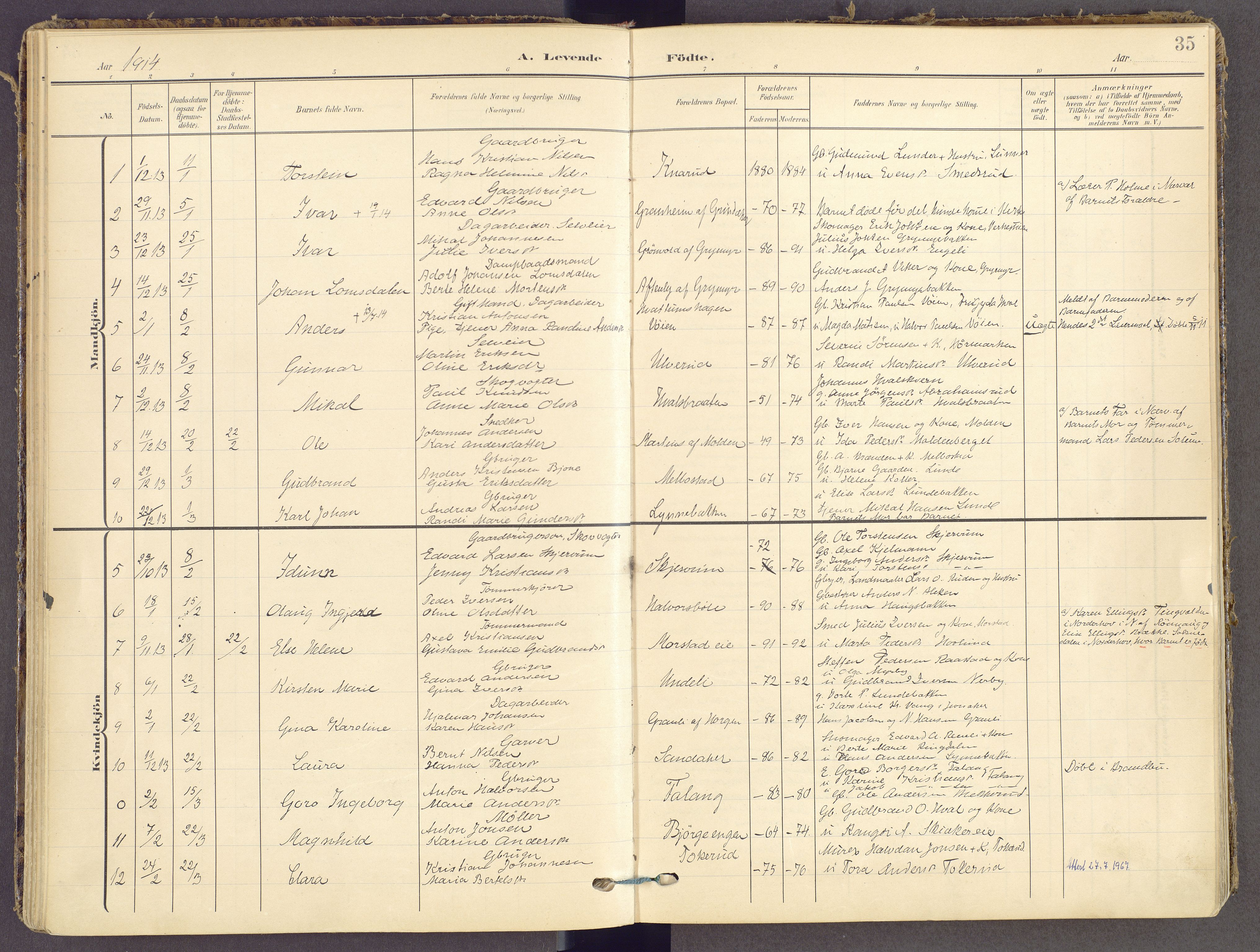 Gran prestekontor, SAH/PREST-112/H/Ha/Haa/L0021: Parish register (official) no. 21, 1908-1932, p. 35